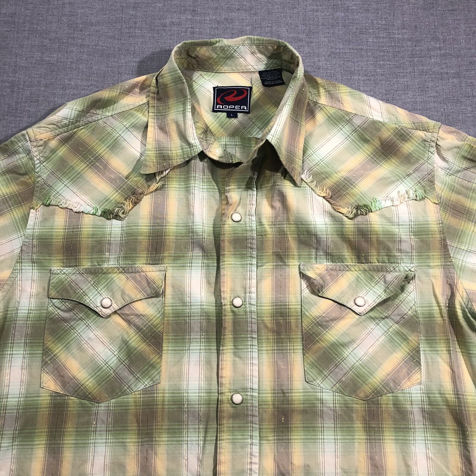 Roper Shirt Mens Large Green Plaid Pearl Snap Western Distressed Fringe Metallic