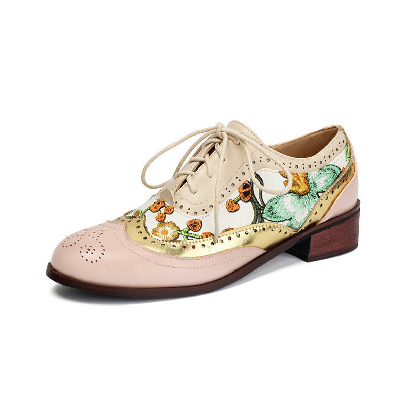 Women’s Ethnic Oxfords Colorblock Patchwork Shoes Floral Two Tone Low Heel Pumps