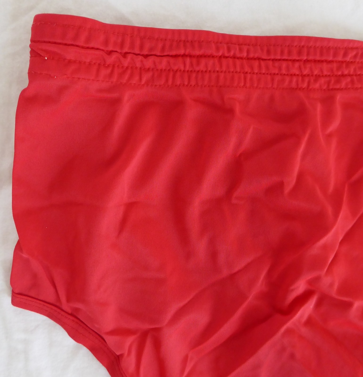 Vtg men’s full-cut brief underwear, unknown brand, red, nylon, L, USA