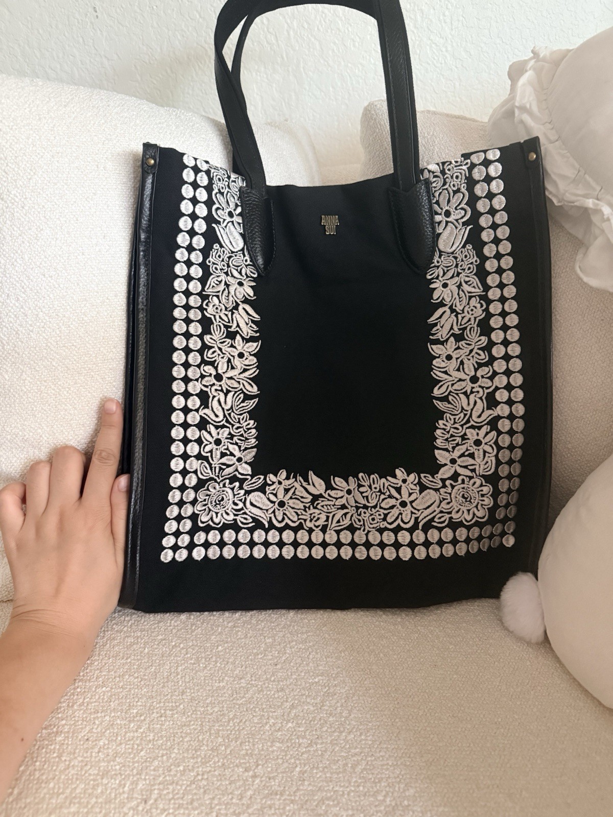 Anna Sui Black & White Floral Embroidered Tote Bag, Double Handles, Women
