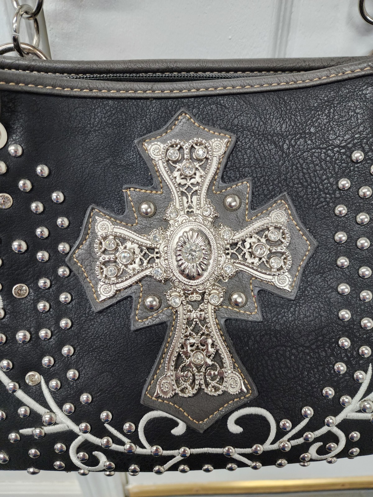 Vintage Y2K Rhinestone Cross Western Gothic Black Leather Handbag Purse