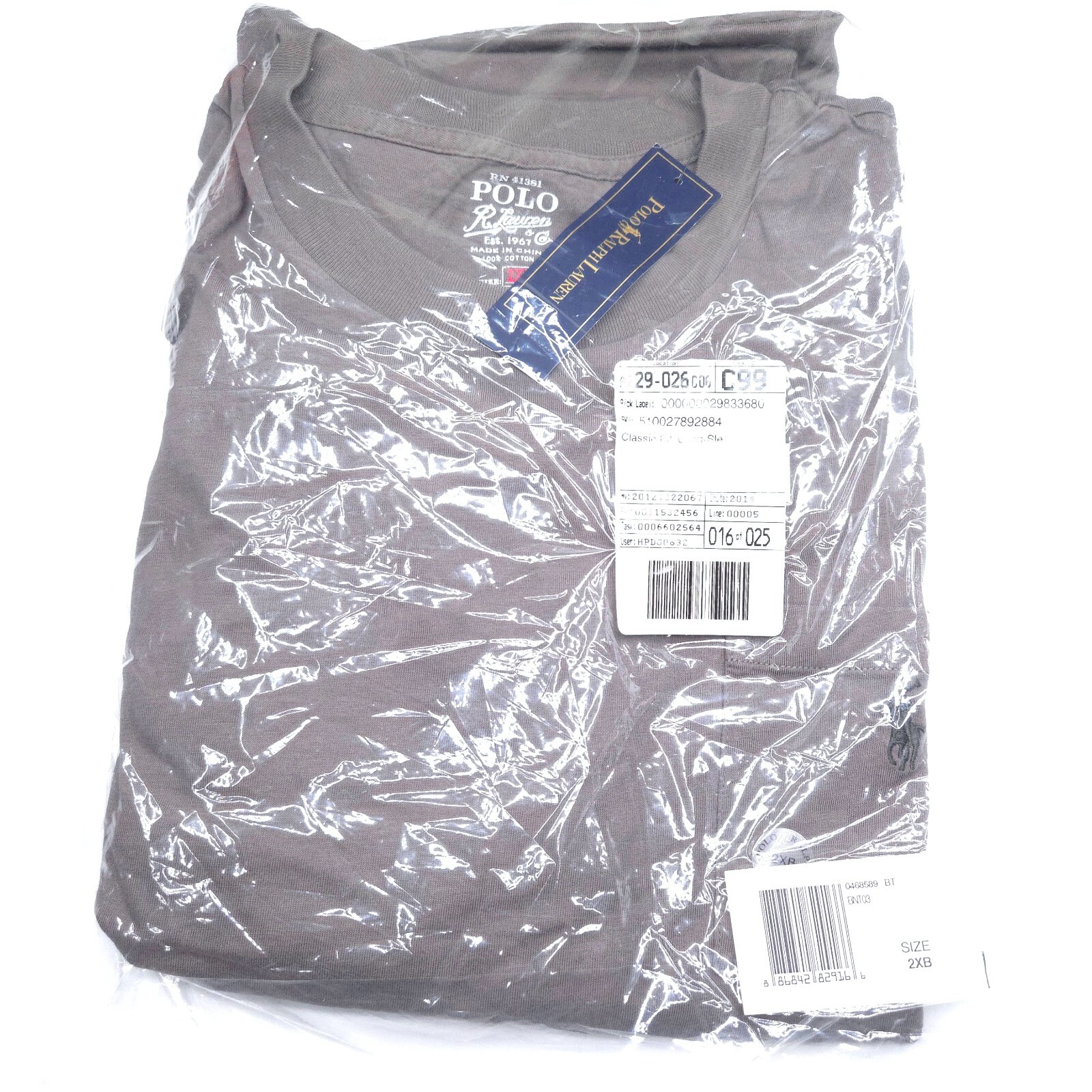 POLO RALPH LAUREN CREW T-SHIRT -2XB BIG XXL GRAY SMOOTH LONG SLEEVE POCKET -PONY