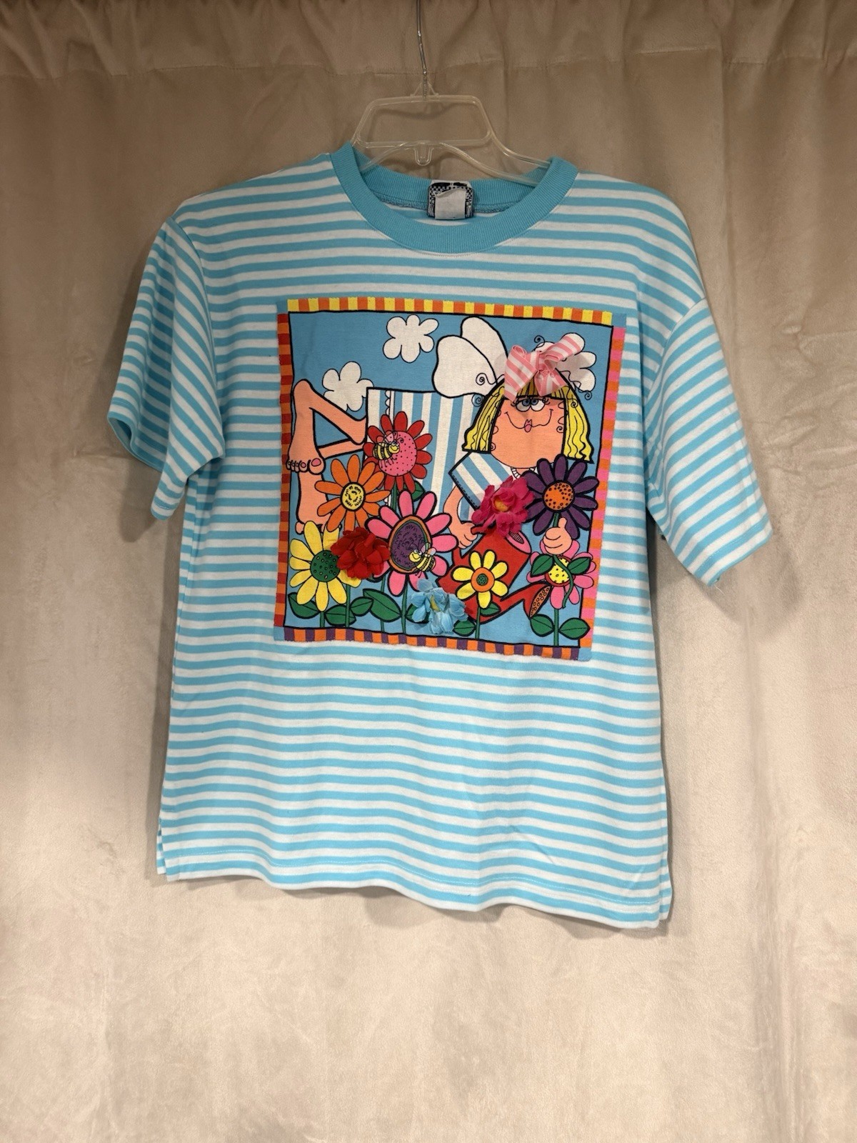 Vintage Zoodles 90s Girls Shirt Striped 3d Flowers Print Size 14 Made In USA