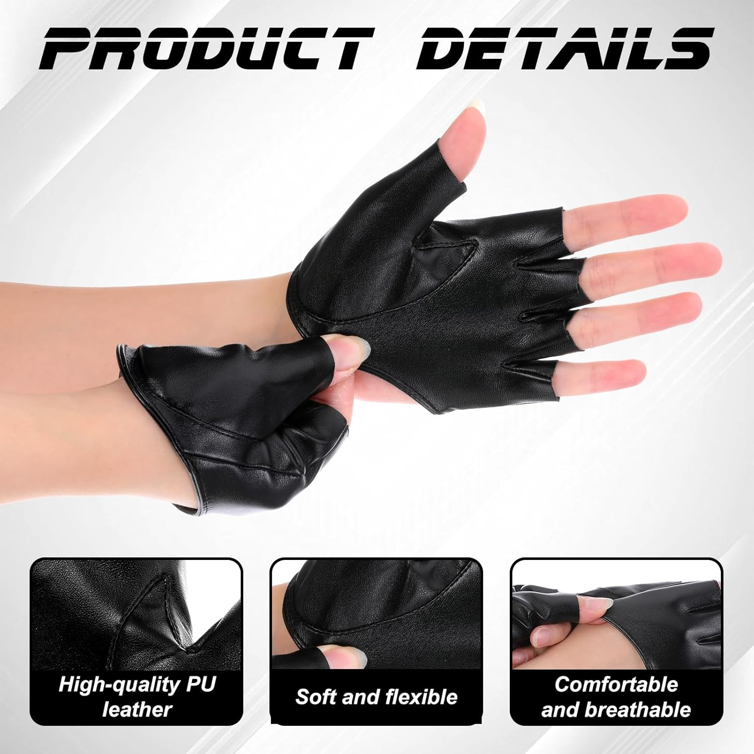 Black Leather Fingerless Gloves Half Palm Half Finger PU Leather Gloves for Wome