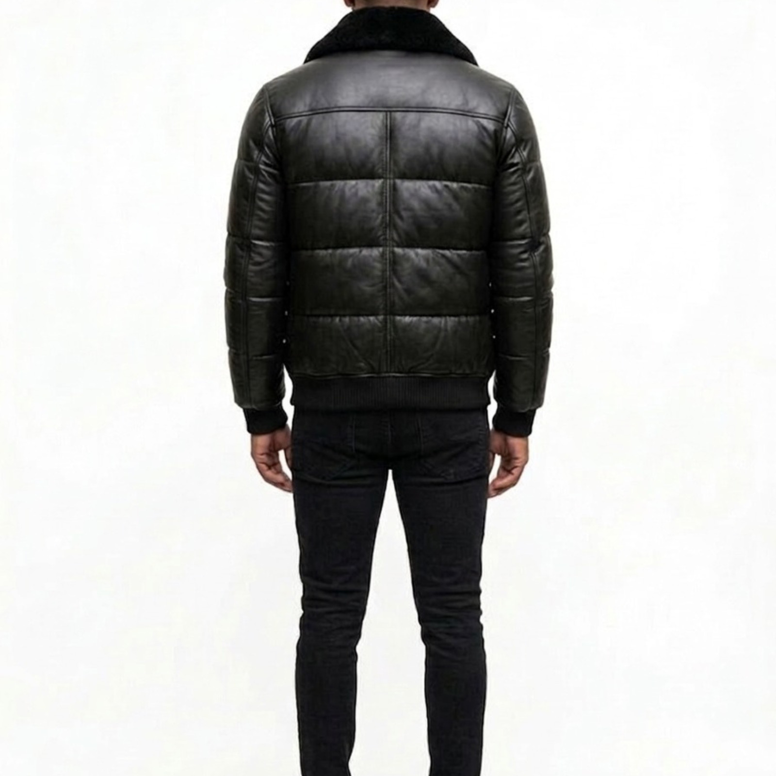 Men’s Black Leather Puffer Jacket with Faux Fur Collar, Winter Bomber Jacket