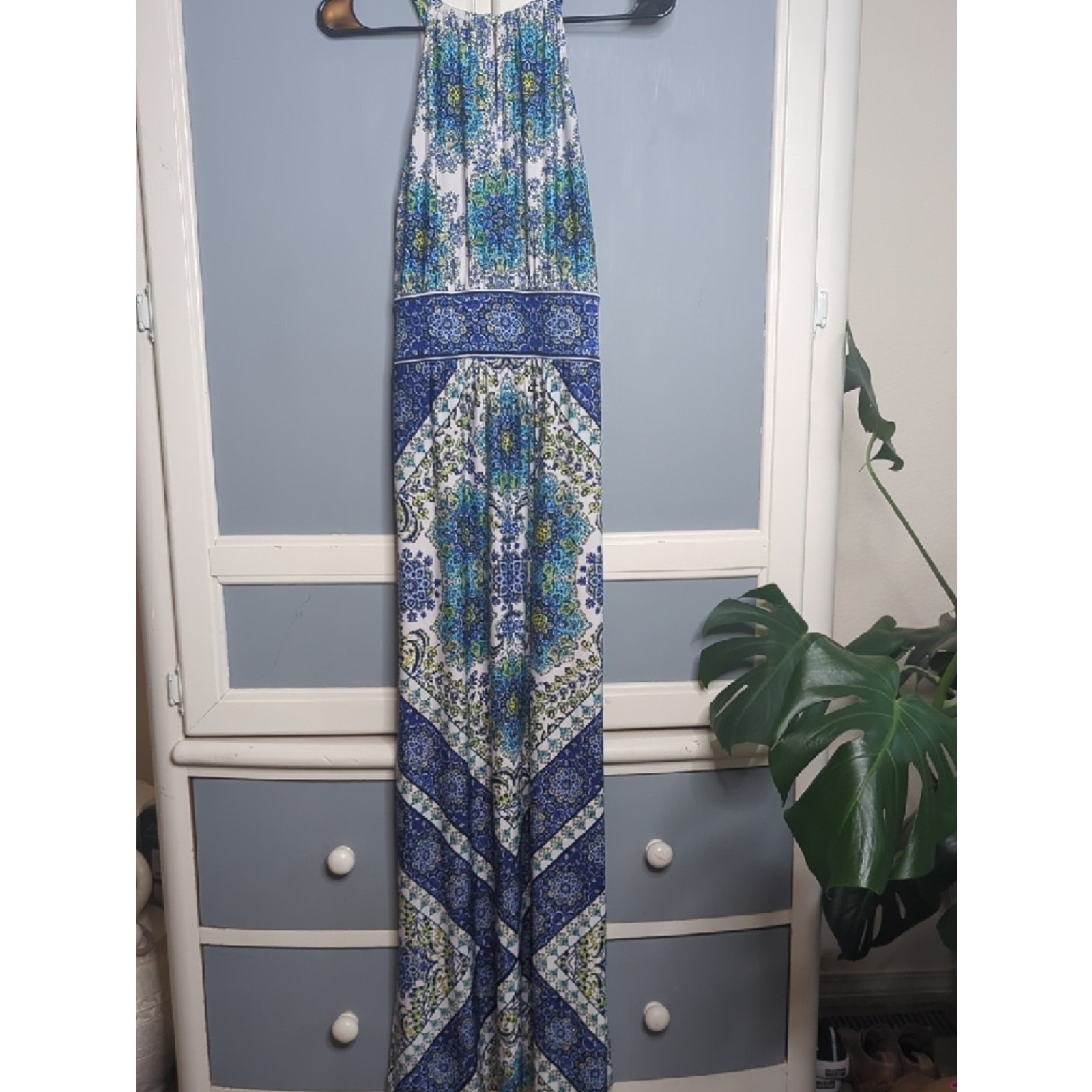 Source Unknown Blue, White & Green Paisley Halter Maxi Dress