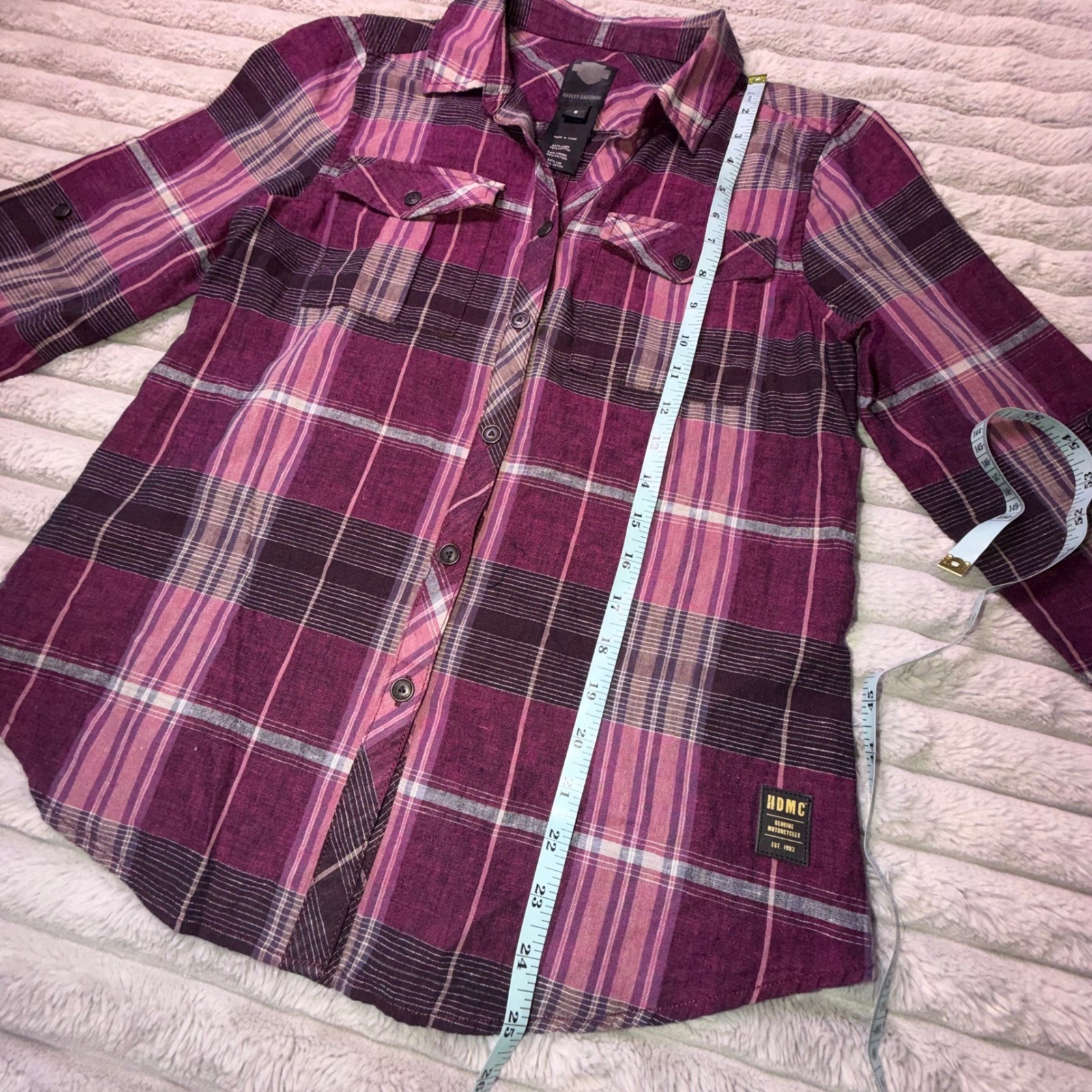 Harley-Davidson Womens Small Purple Plaid Linen Blend Roll Tab Button Down Shirt