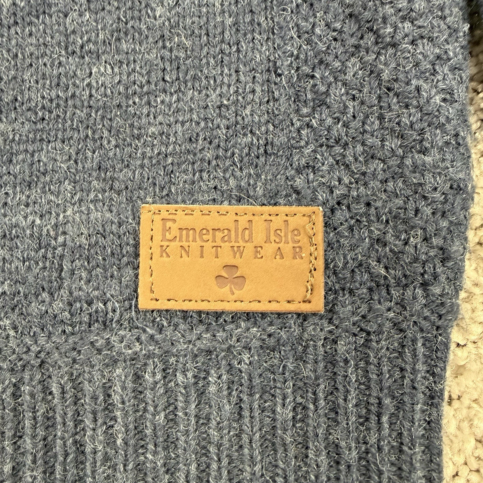 Emerald Isle Knitwear Sweater Men’s L Blue Elbow Patches Wool Mock Neck