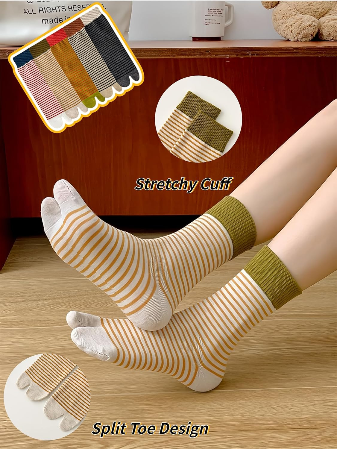 5 Pairs Colorful Striped Flip Flops Socks for Women Cotton Casual Tabi Socks for