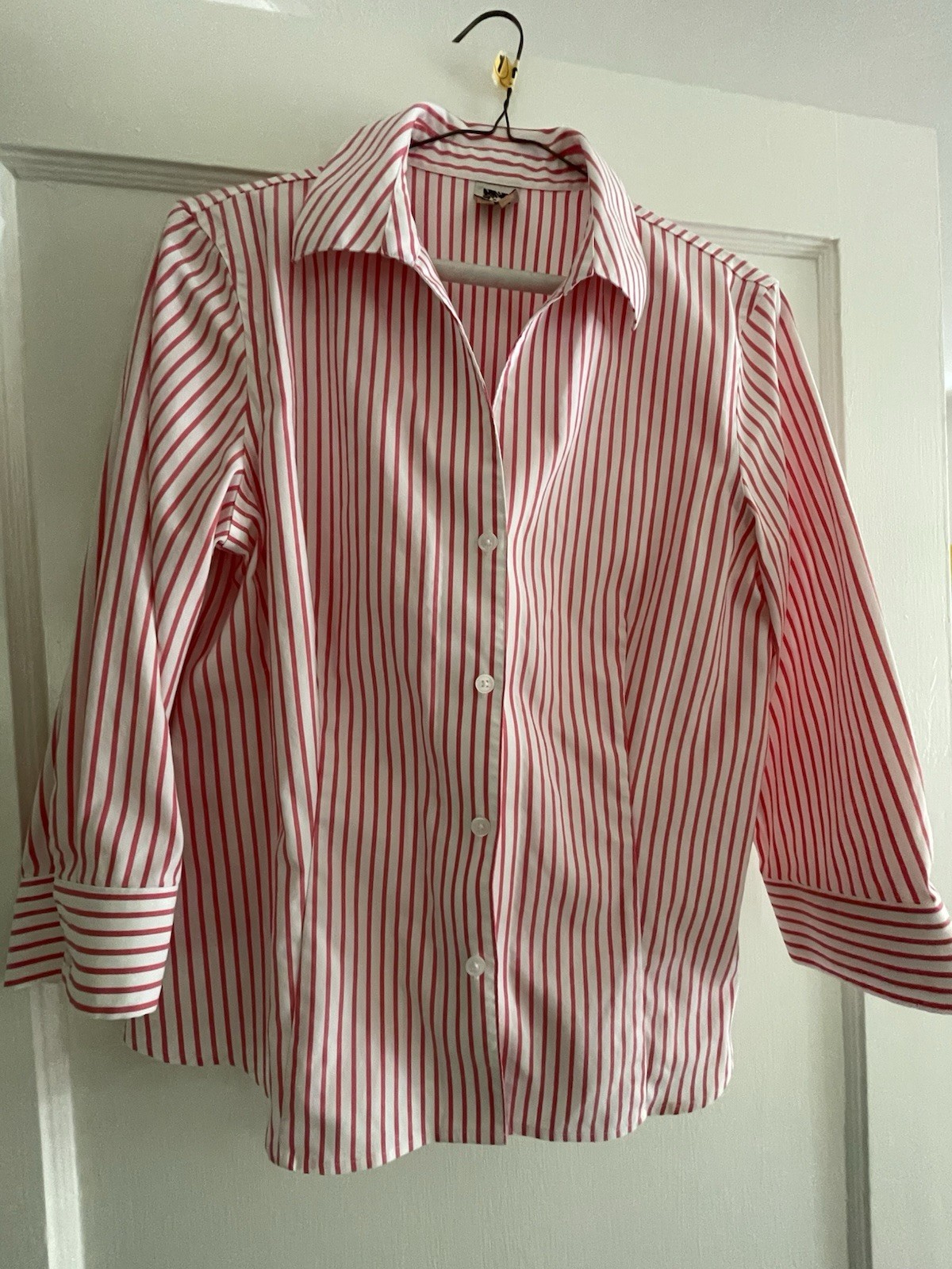 Anne Klein Red-and-White Striped Cotton Ladies Shirt, Size Medium