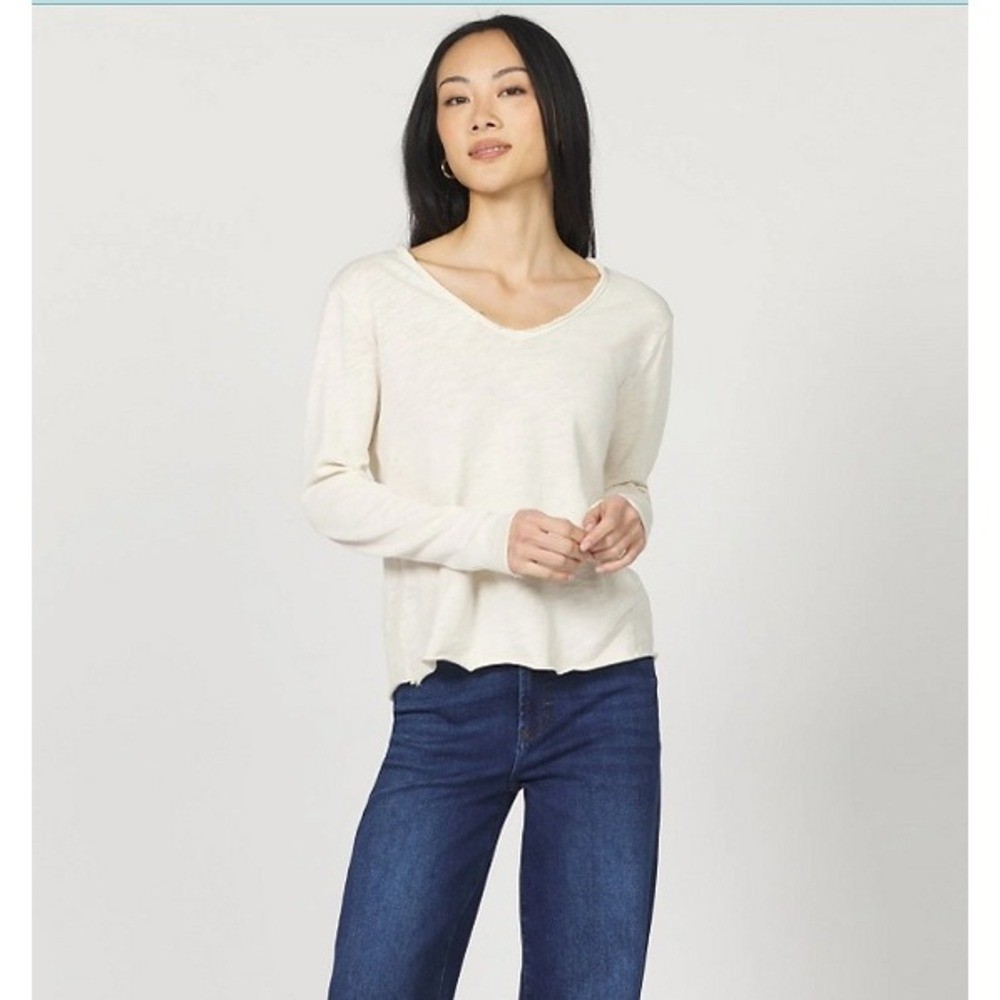 Dear John Womens White Slub Knit Cotton Long Sleeve V-Neck Top Size M Scandi