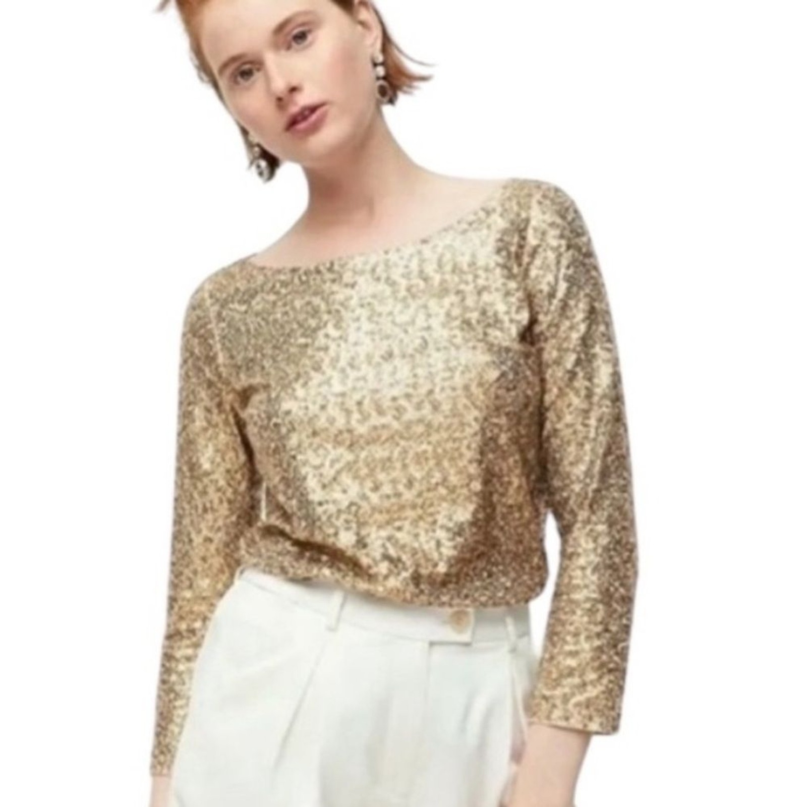 JCREW SEQUINED SPARKLY LONG 3/4 SLEEVE ROUND NECK PULLOVER TOP S