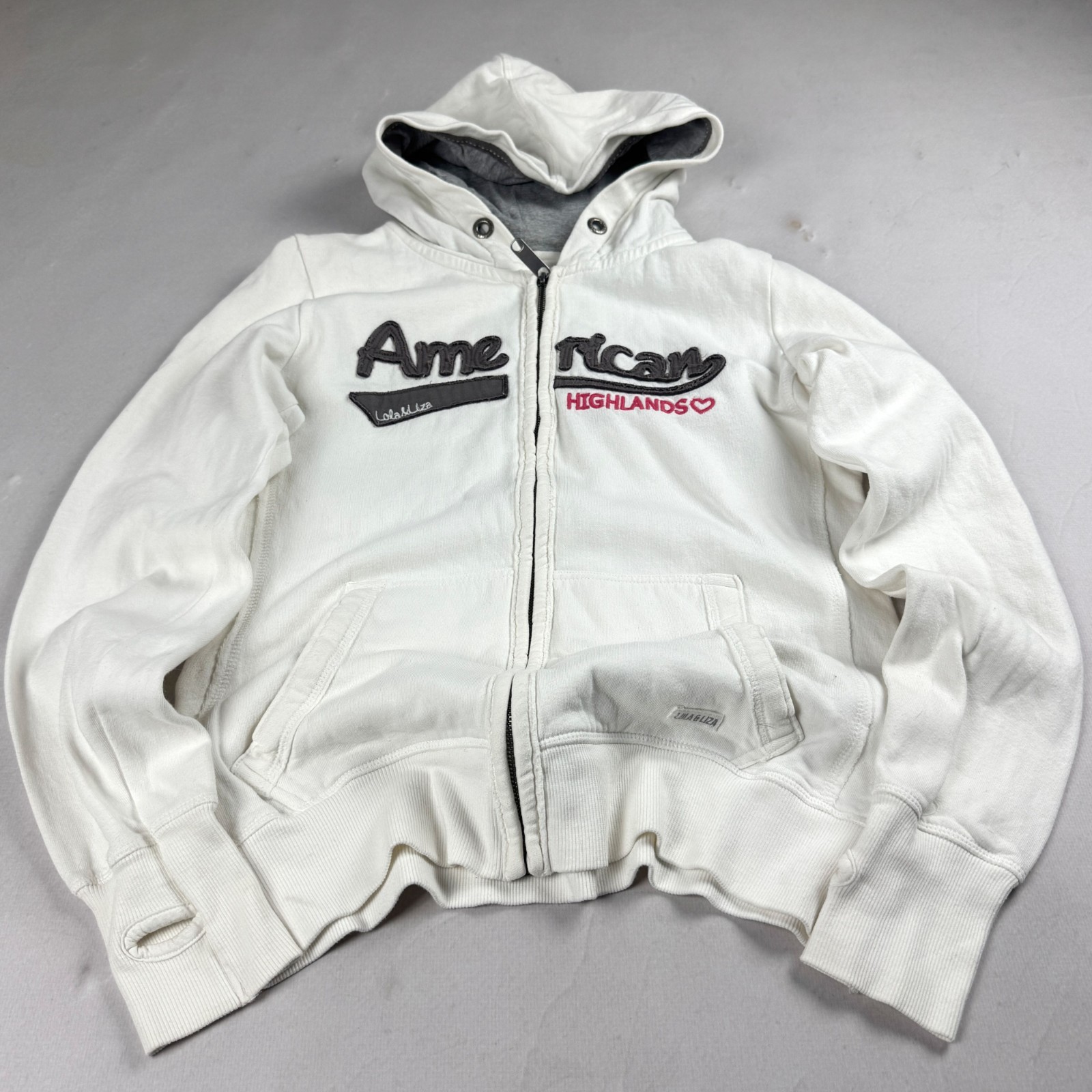 Womens Lola & Liza Vintage Y2K White Zip Hoodie Embroidered Graphic Sweatshirt