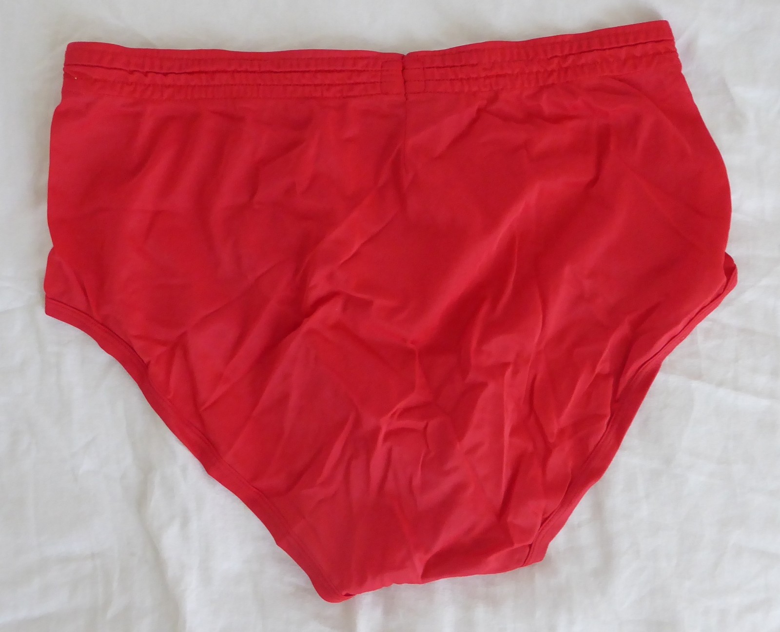 Vtg men’s full-cut brief underwear, unknown brand, red, nylon, L, USA