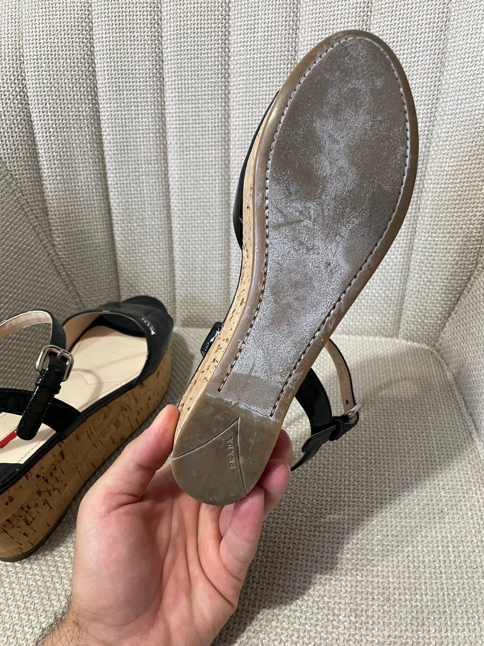 Prada Black Patent Leather and Cork Wedge Sandals Size IT 37 US 7