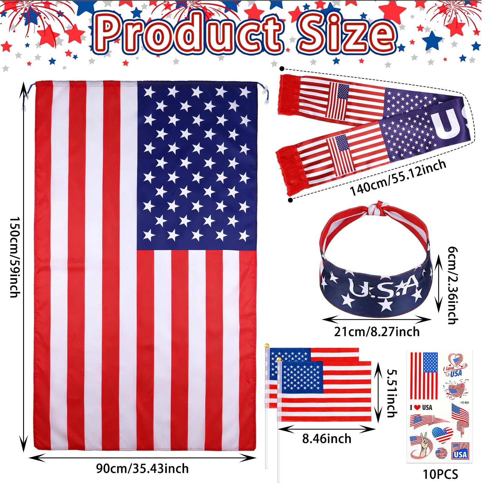 American Flag Costume Set, Patriotic USA One Size, Red, Blue, White