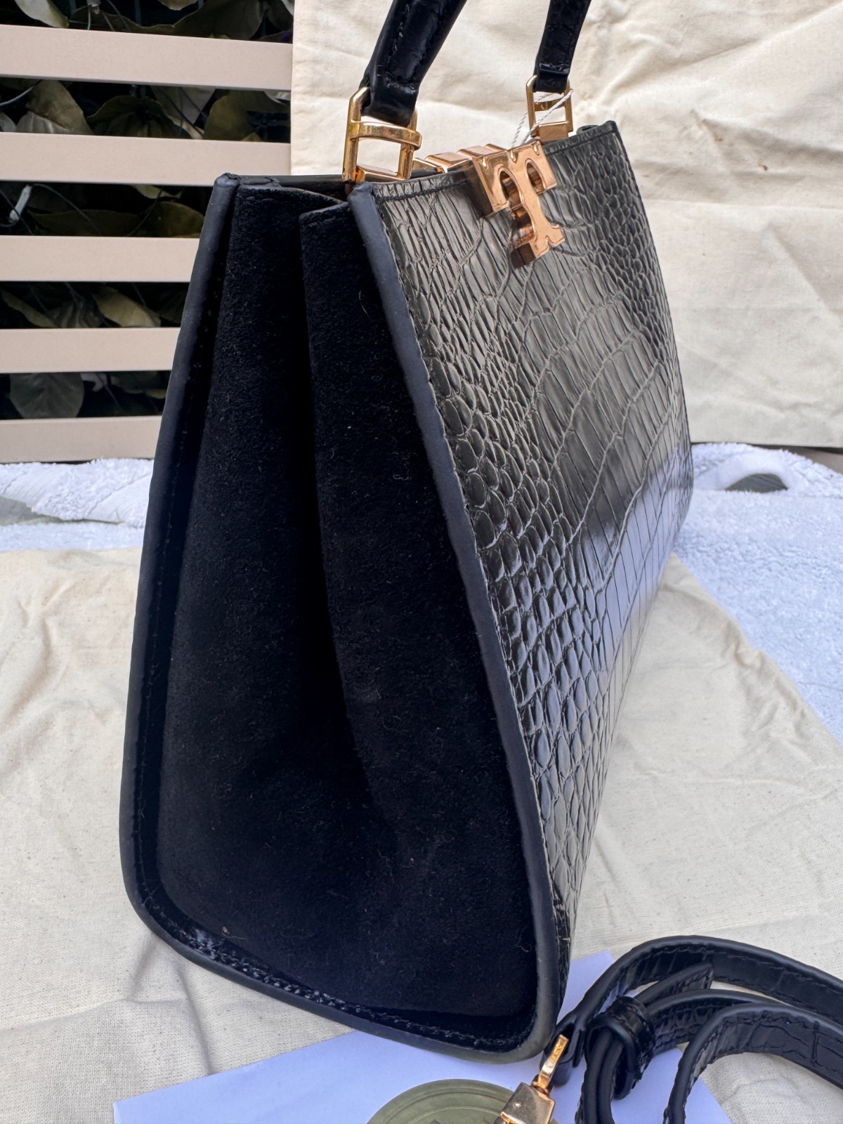 Tory Burch Eleanor Croc-Embossed Satchel NWT MSRP US $950 Black Dustbag