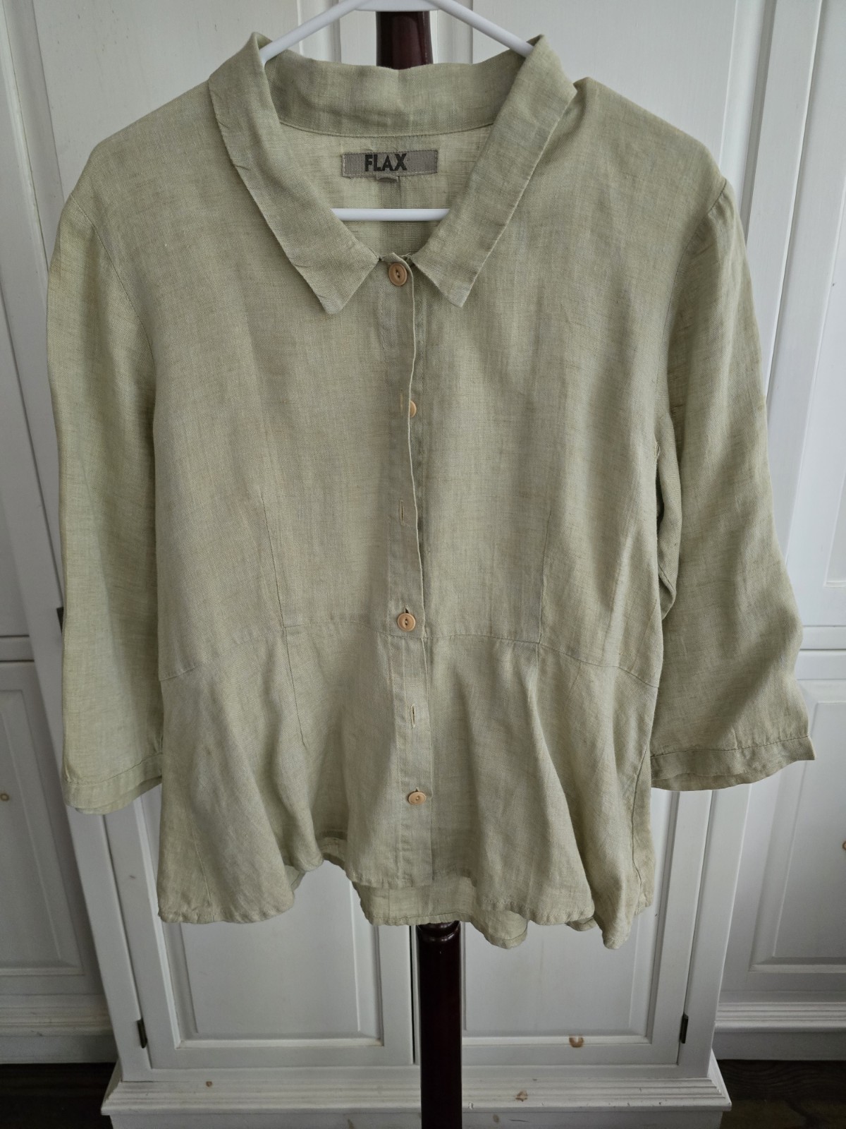 FLAX Top Women’s Small Beige 100% Linen Button Up Peplum 3/4 Sleeves Tunic