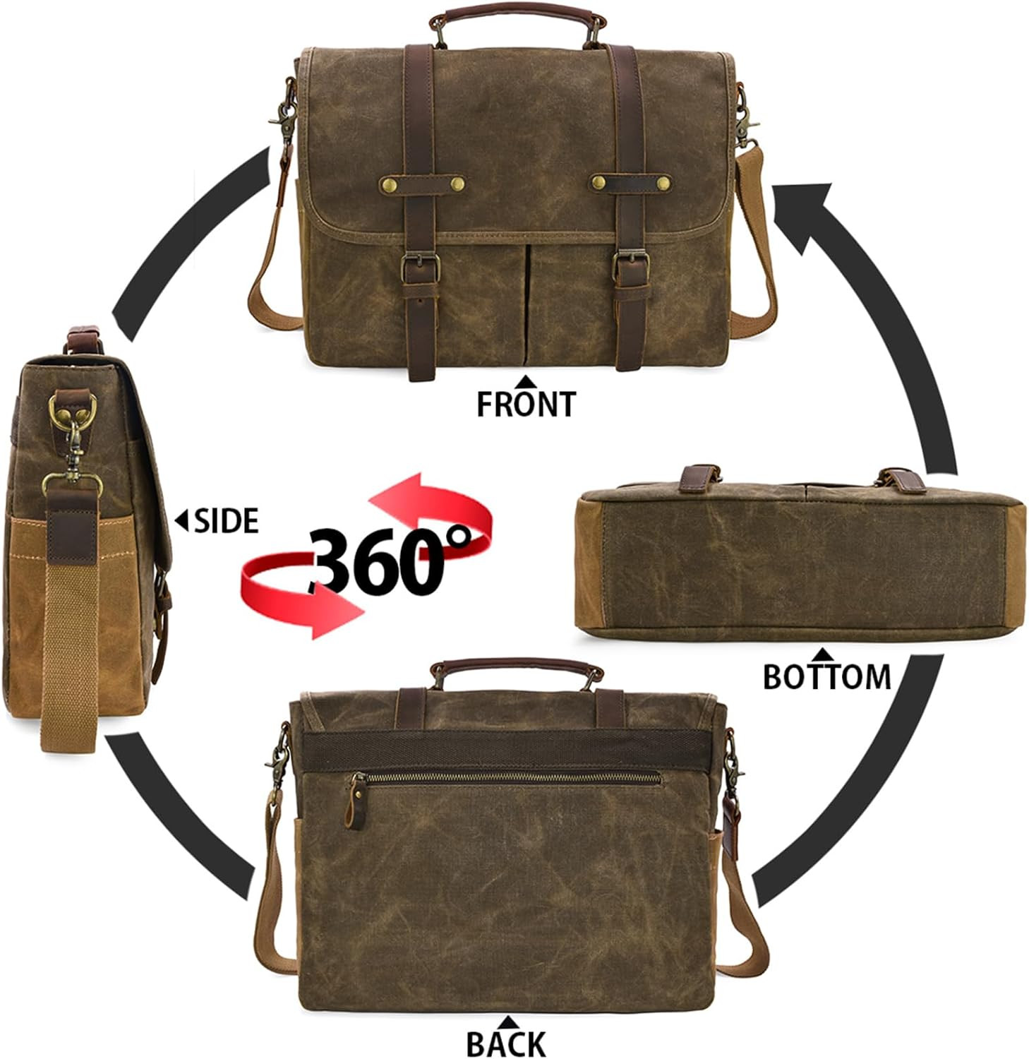 Messenger Bag 15.6 Inch Waterproof Vintage Genuine Leather Waxed Canvas