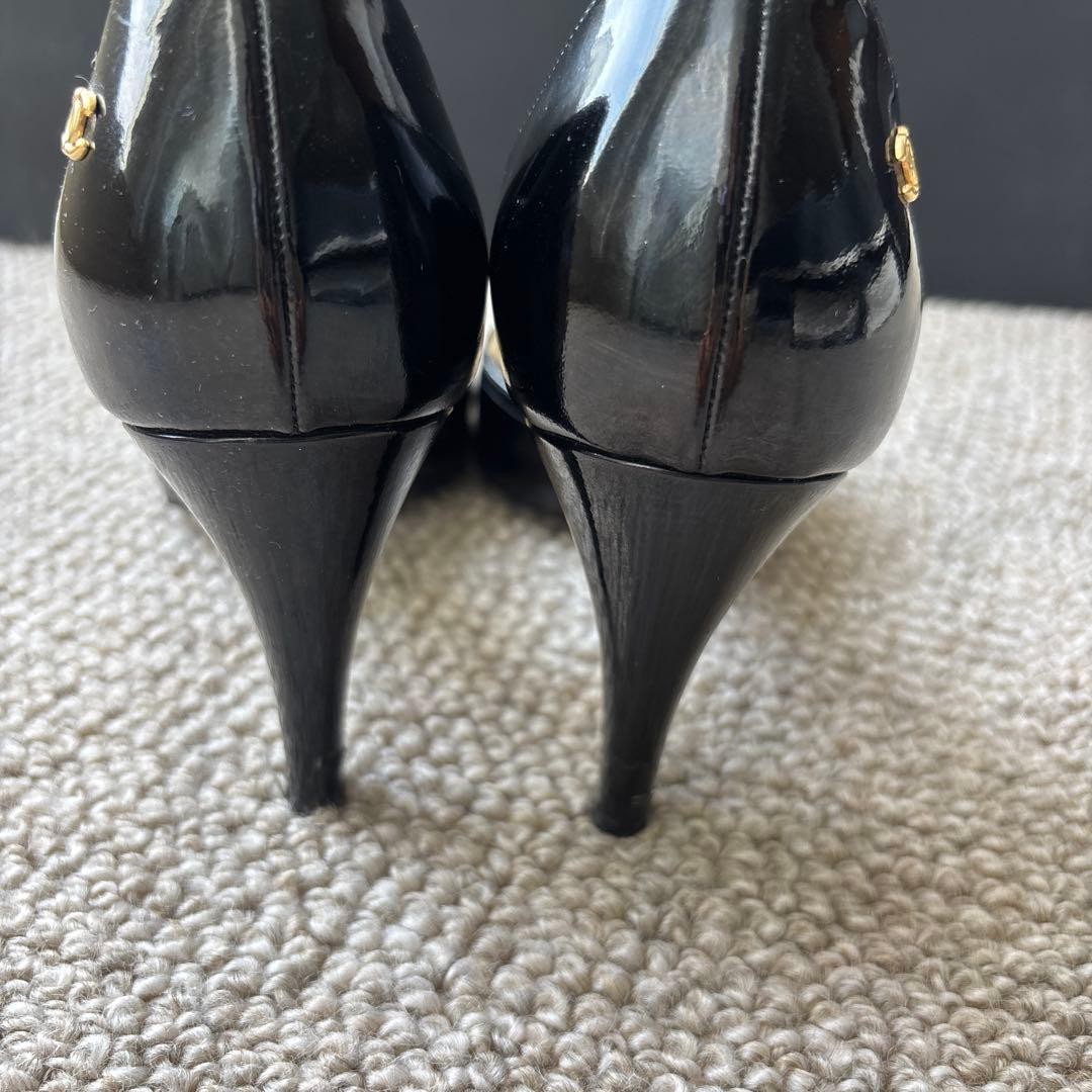 CHANEL Open Toe High Heels 36.5 Black Patent Leather 7.1-10cm Heel