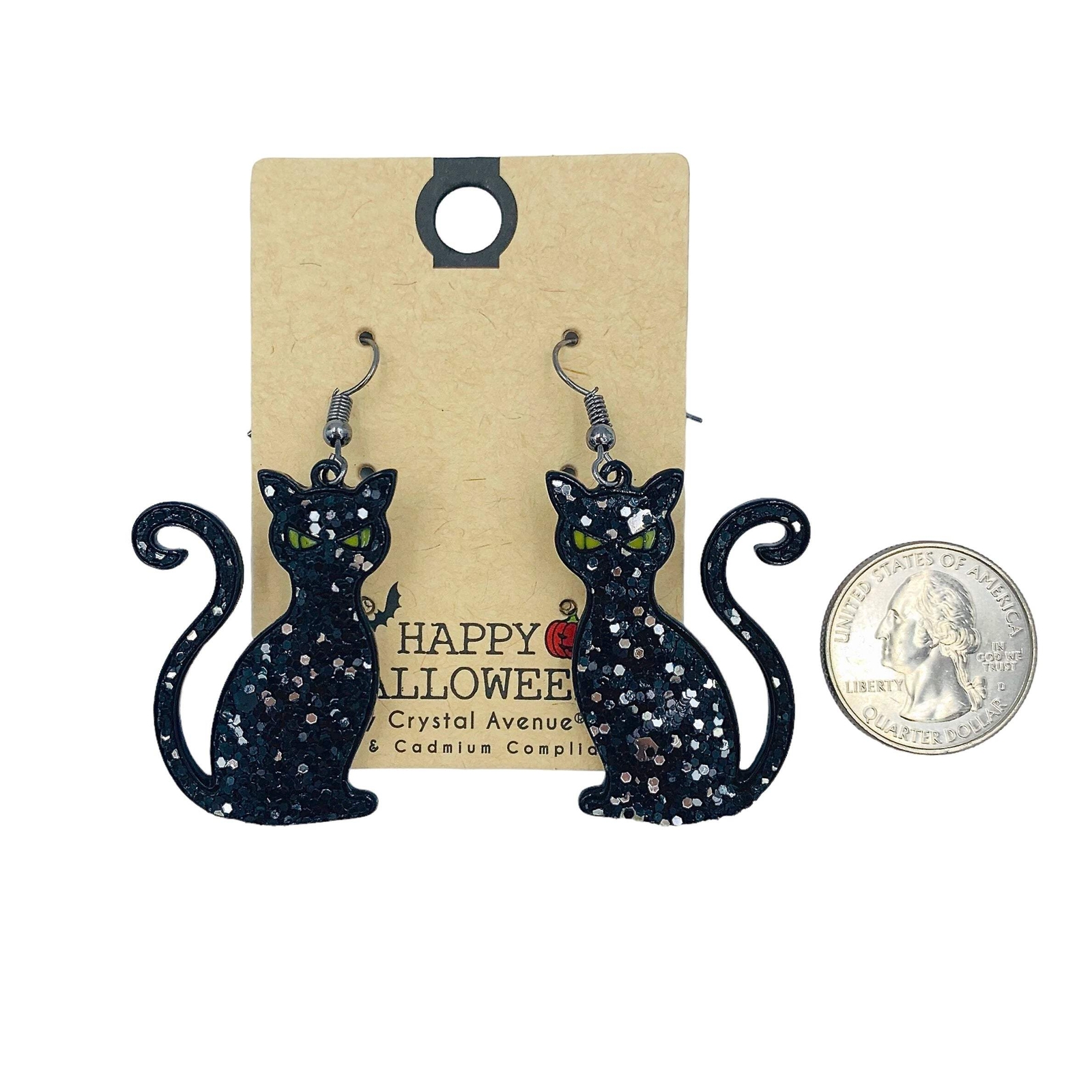 Black Cat Glitter Earrings – Halloween (1.25×2.25in)