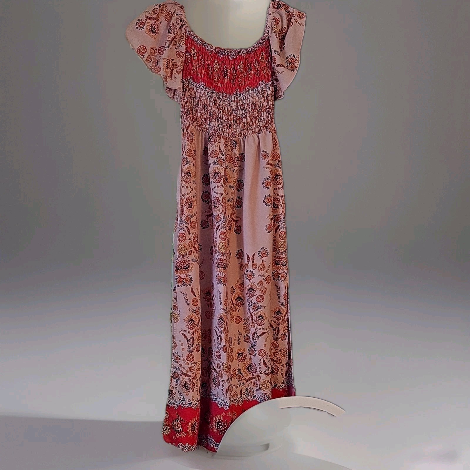 Women’s Pink/Red Floral Smocked Square Neck Flutter Sleeve Maxi Dress Size S
