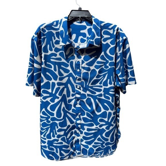 COOFANDY. Men’s Blue & White Short-Sleeve Casual Button-Down Shirt. XXL