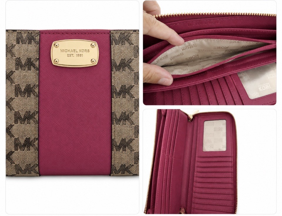 Michael Kors Jet Set Large Wallet Wristlet Brown Monogram Rasberry Center Stripe