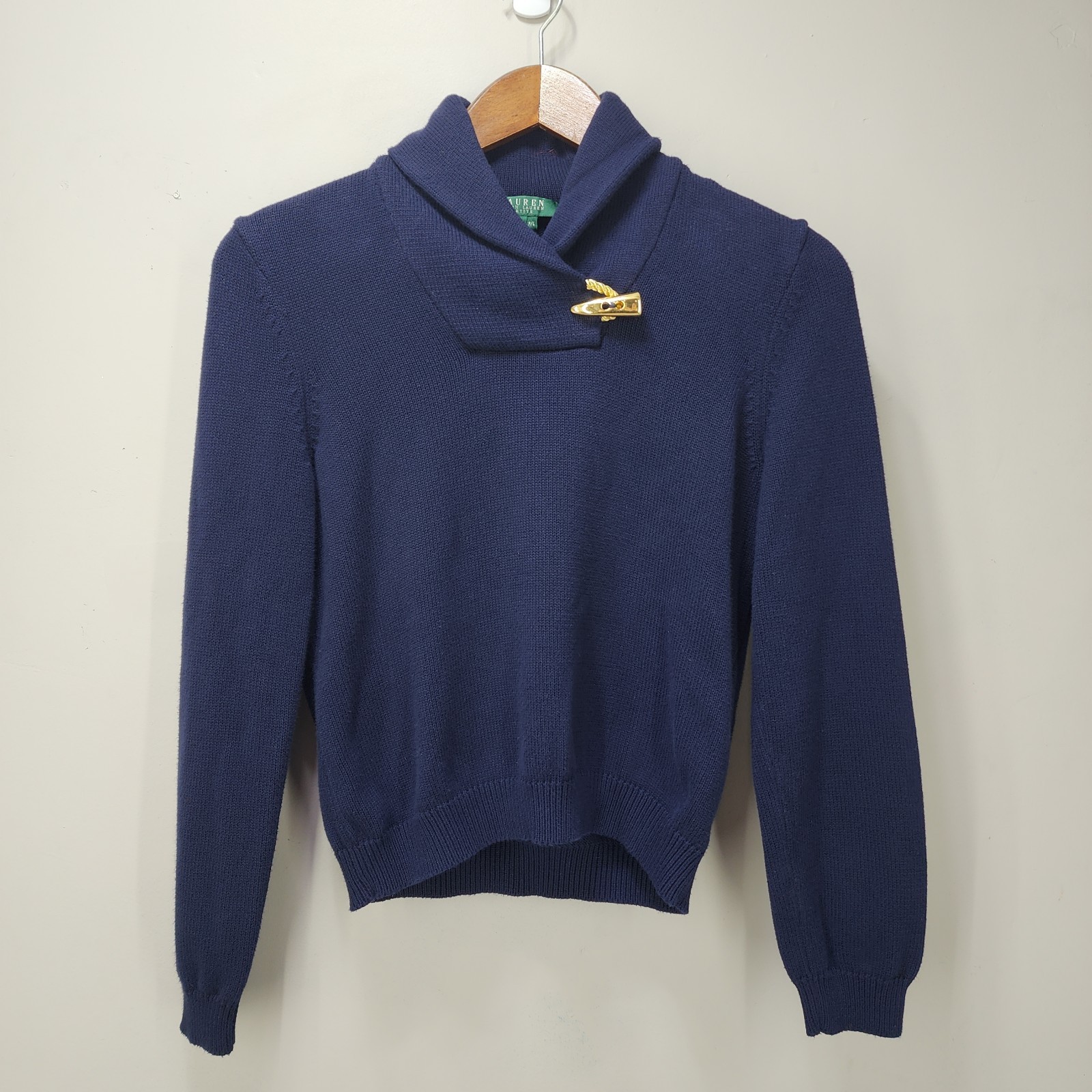 Lauren Ralph Lauren Womens Large Petite Blue Shawl Collar Sweater Toggle Accent