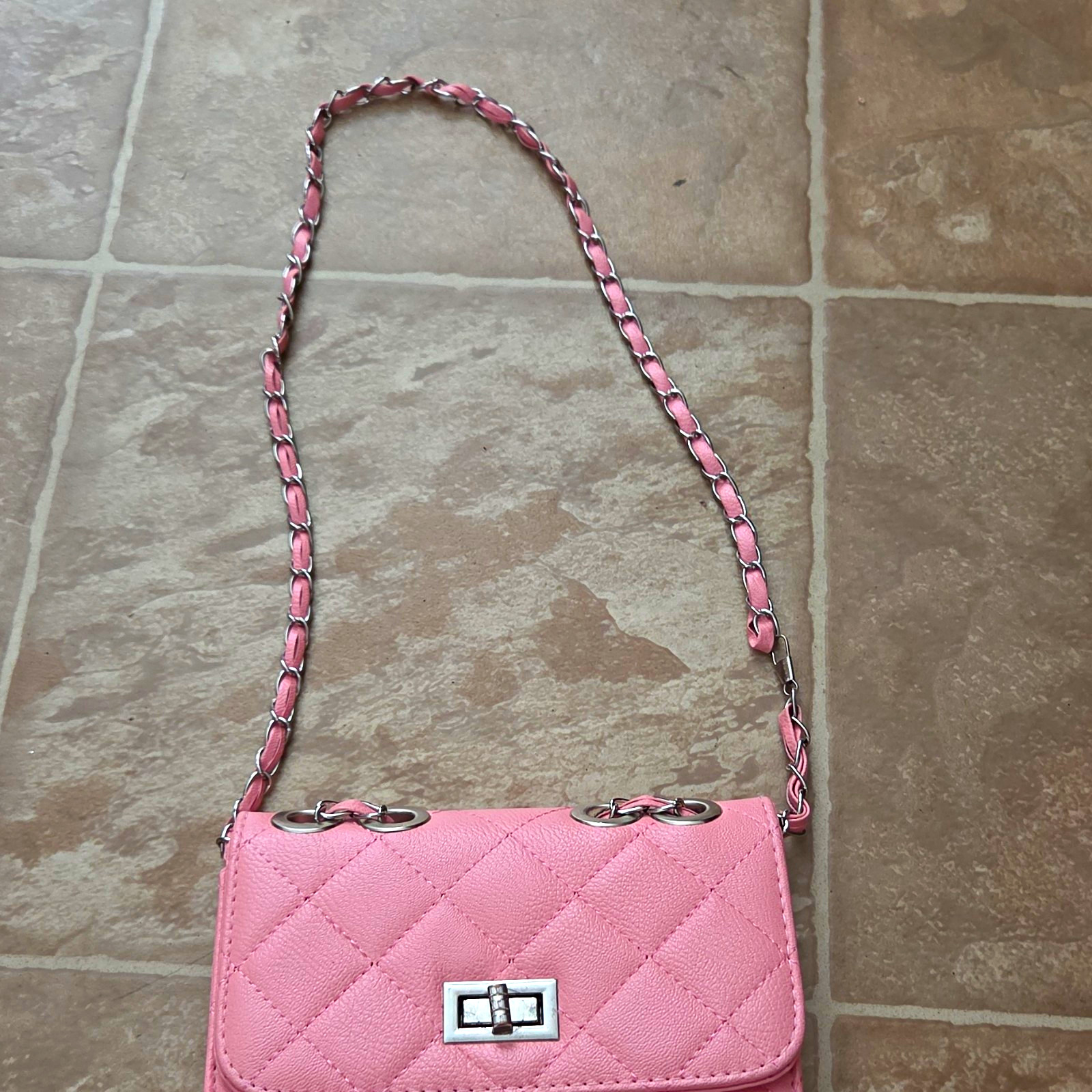 Pink Quilted Shoulder Bag Chain Strap Turn Lock Silver Hardware Solid Rectangle