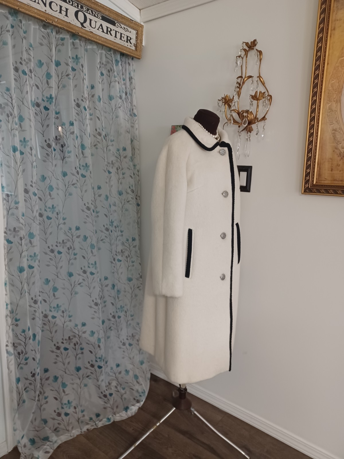 Vintage 60s LODEN WOOL Coat Beautiful Creamy White Black Trim JACKIE O M -L