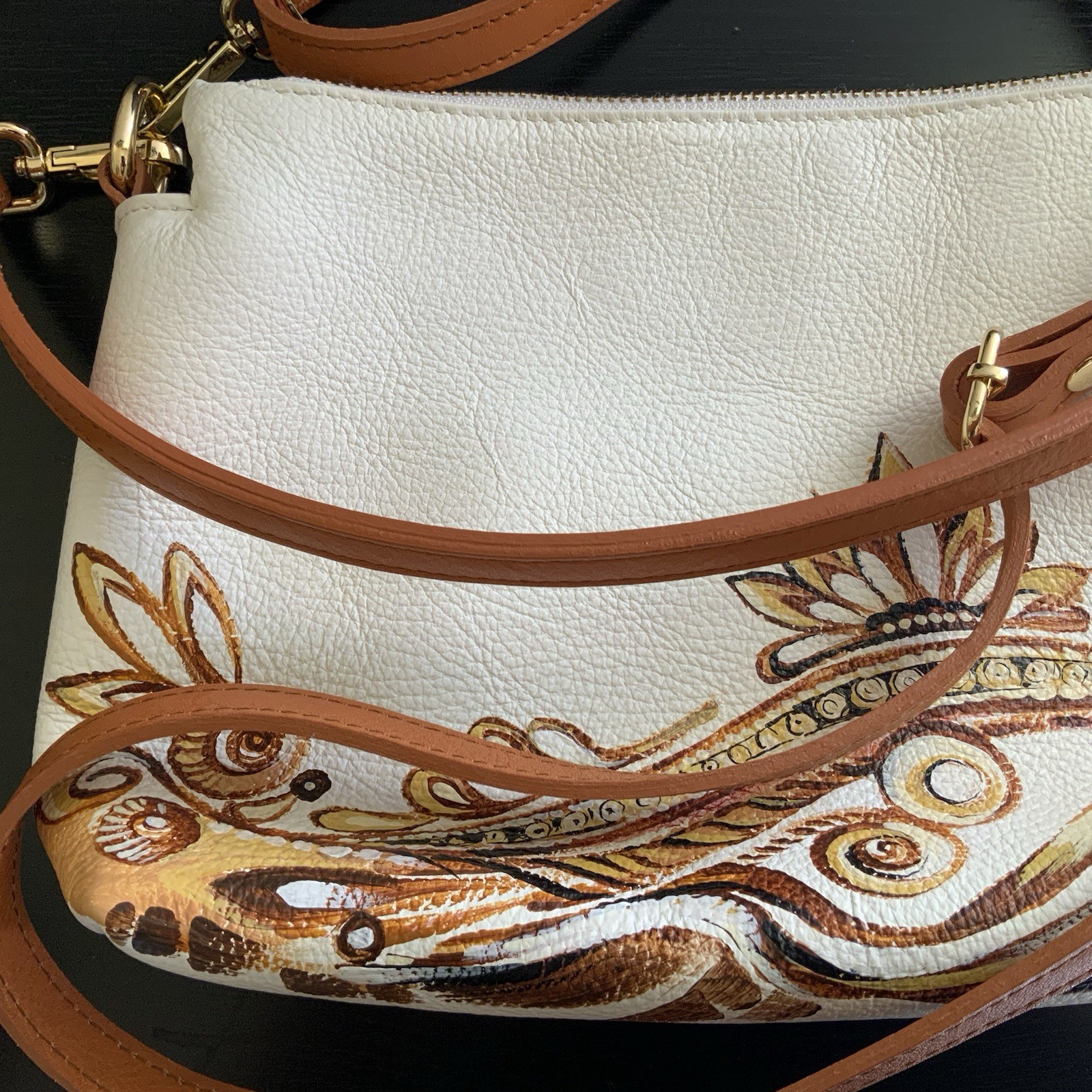 New Valentina Hand Painted Leather Crossbody Bag Floral Ivory Brown Italy