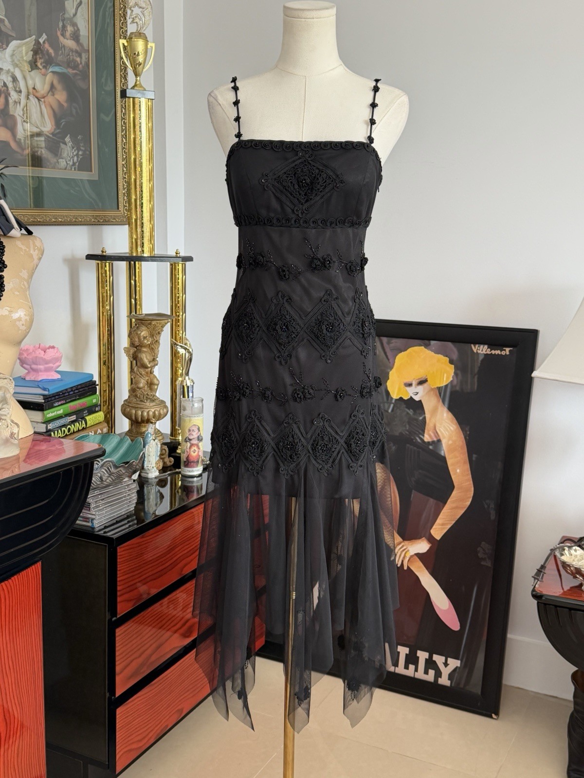 Sue Wong Black Beaded Mesh Handkerchief Hem Dress Size 6 Y2K Gothic Fairy