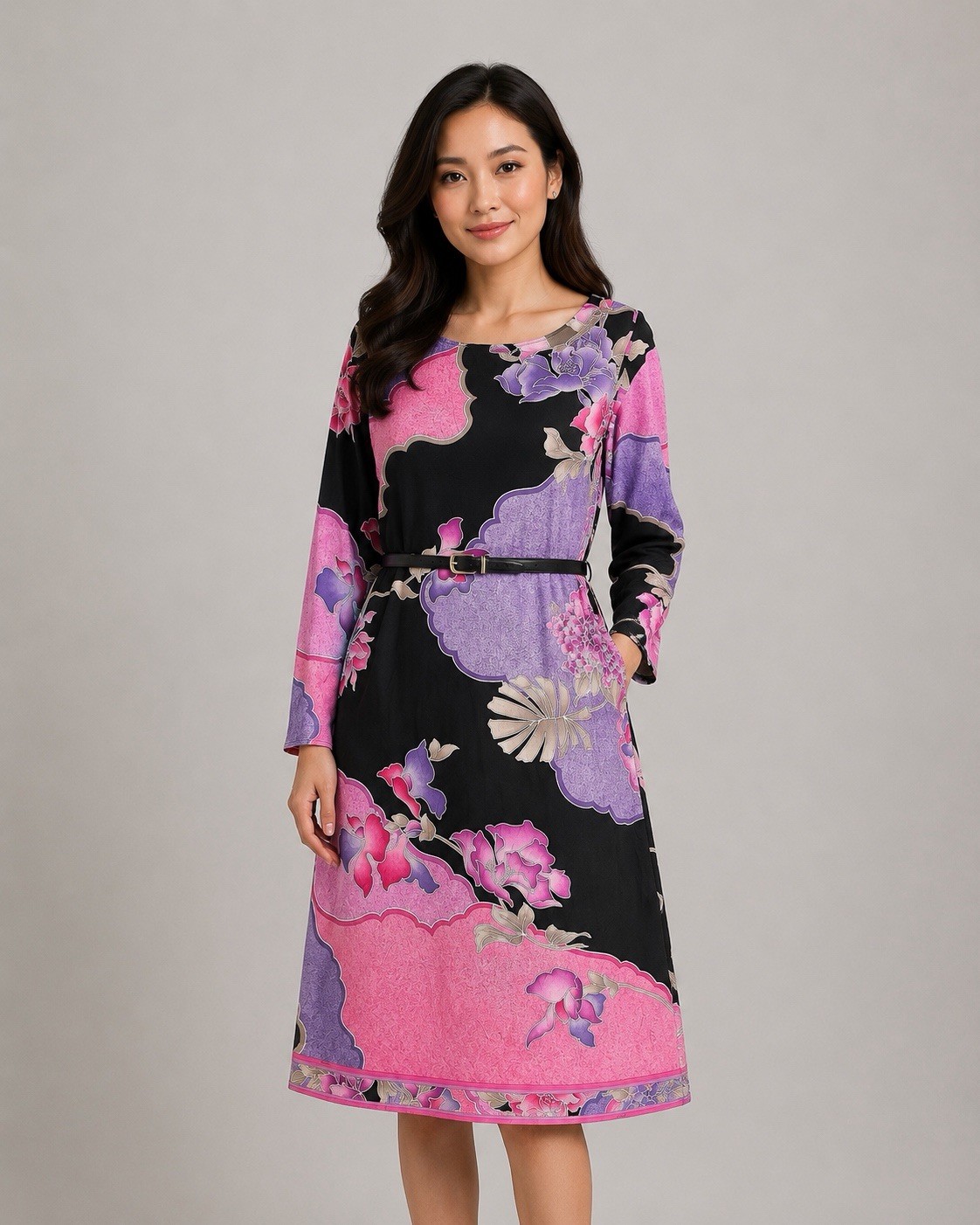 Leonard Paris Fushia Lavender Flowercore Sheath Dress Sash Belt US 10 FR 44