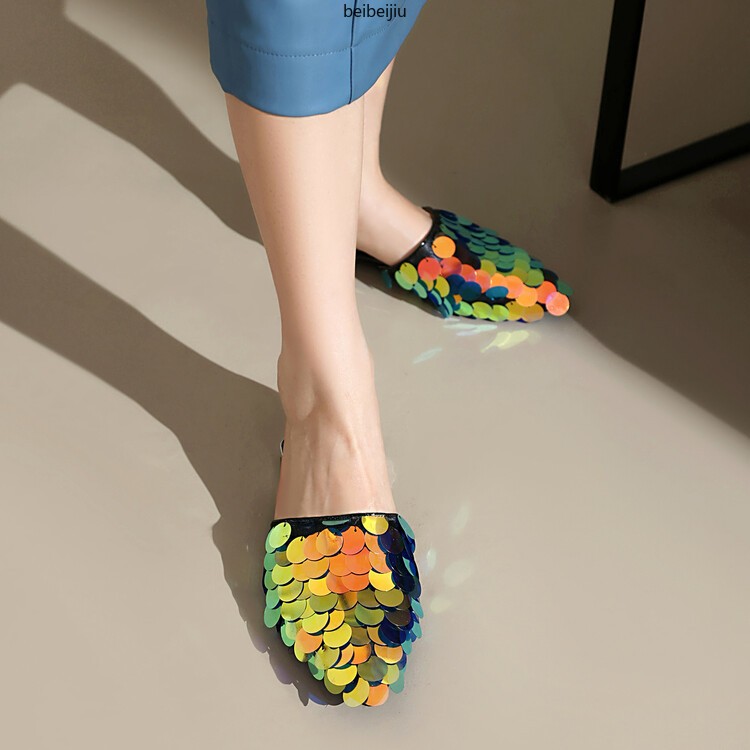 Glitter Sequins Women’s Flat Slipper Pointed Toe Mules Sandals Casual 46/47/48