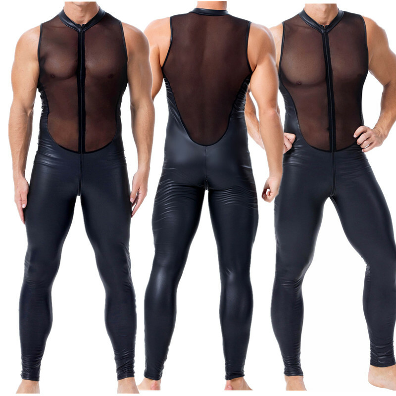 Sexy Women Mens Leather Catsuit Bodysuit Jumpsuit PVC Clubwear Costume Rompers