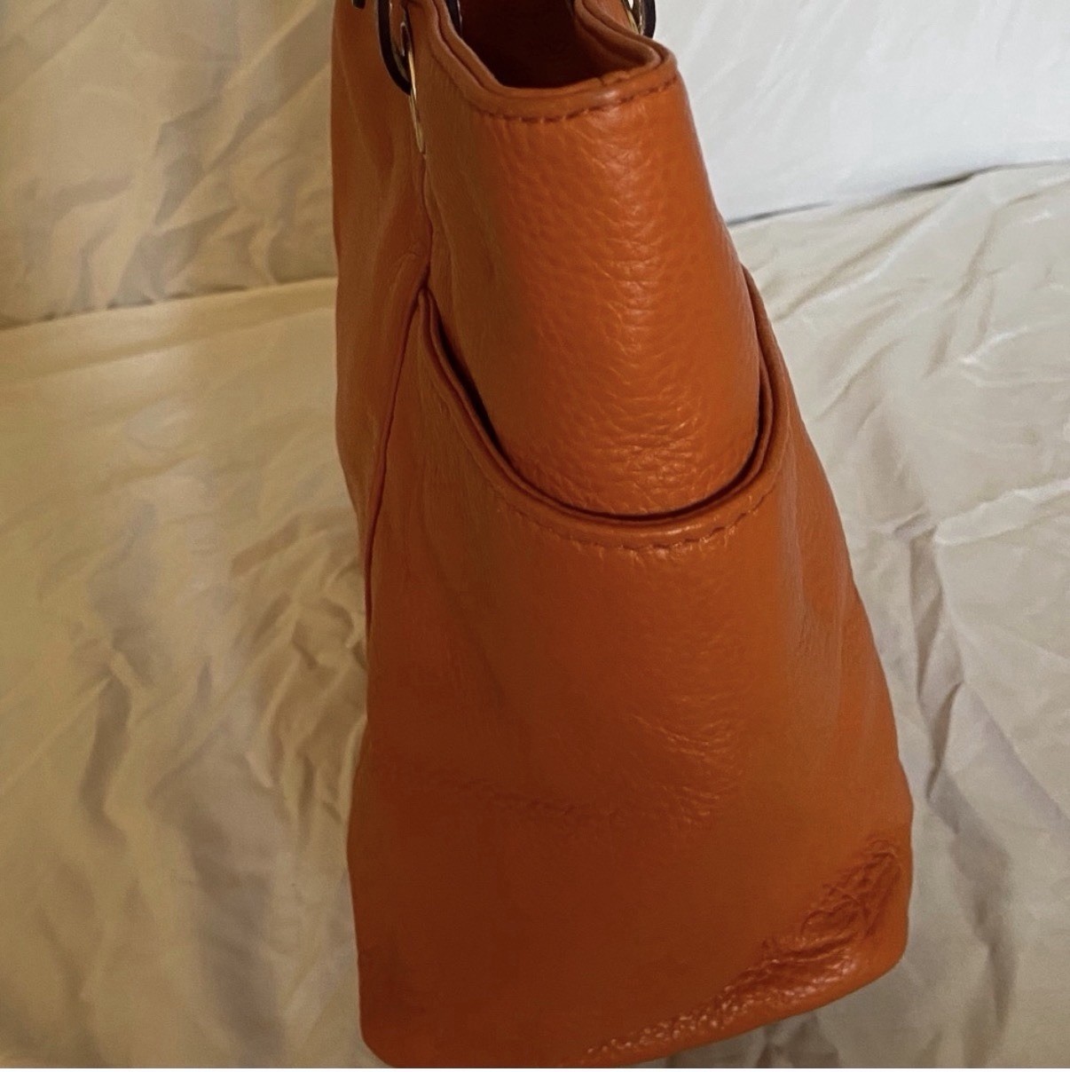 Michael Kors Large Orange Tote Zip Top w/ MK Charm, Beige Straps, Gold HW