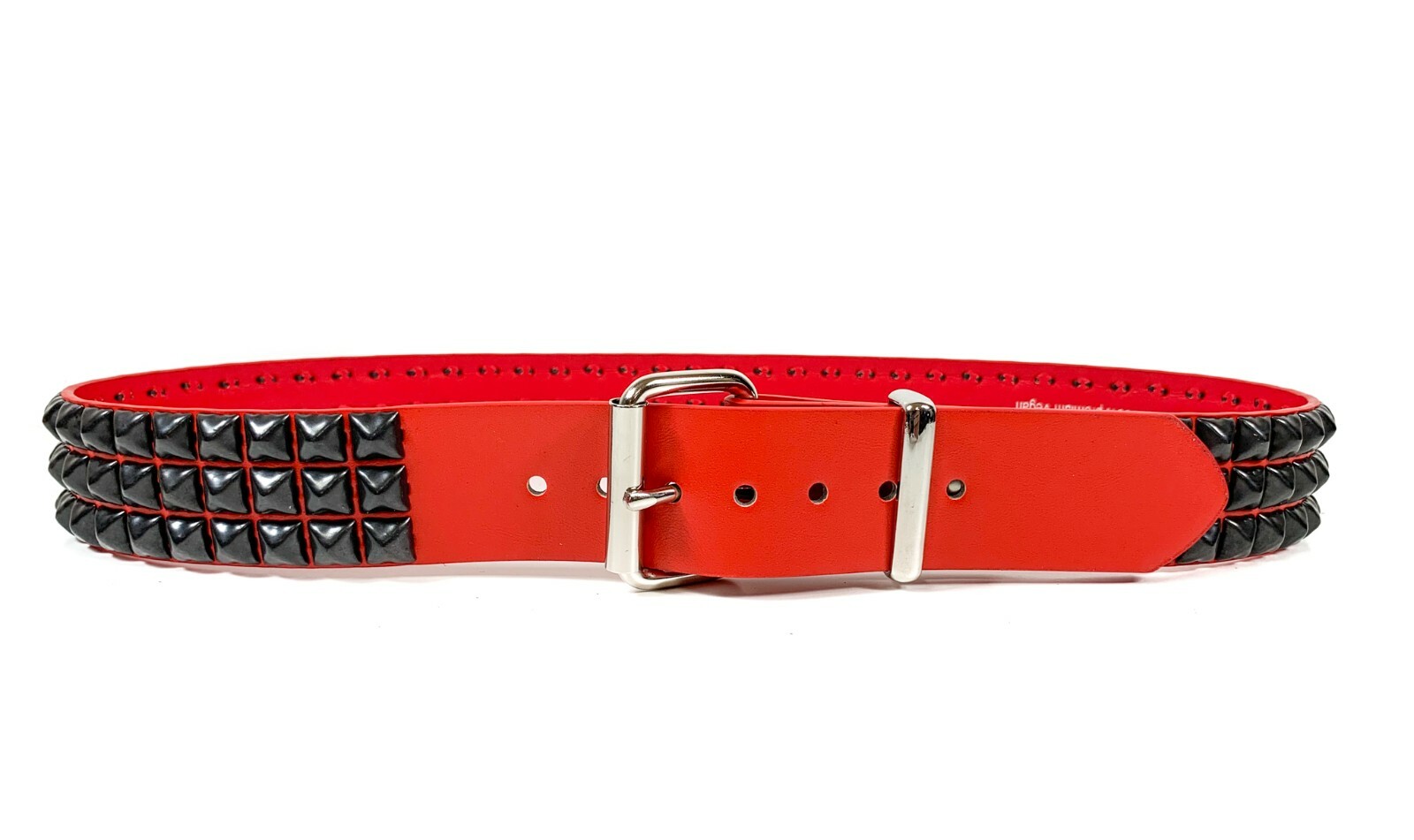 Vegan Red Leather Three Row Black Pyramid Stud Belt Punk Goth Metal Funk Plus