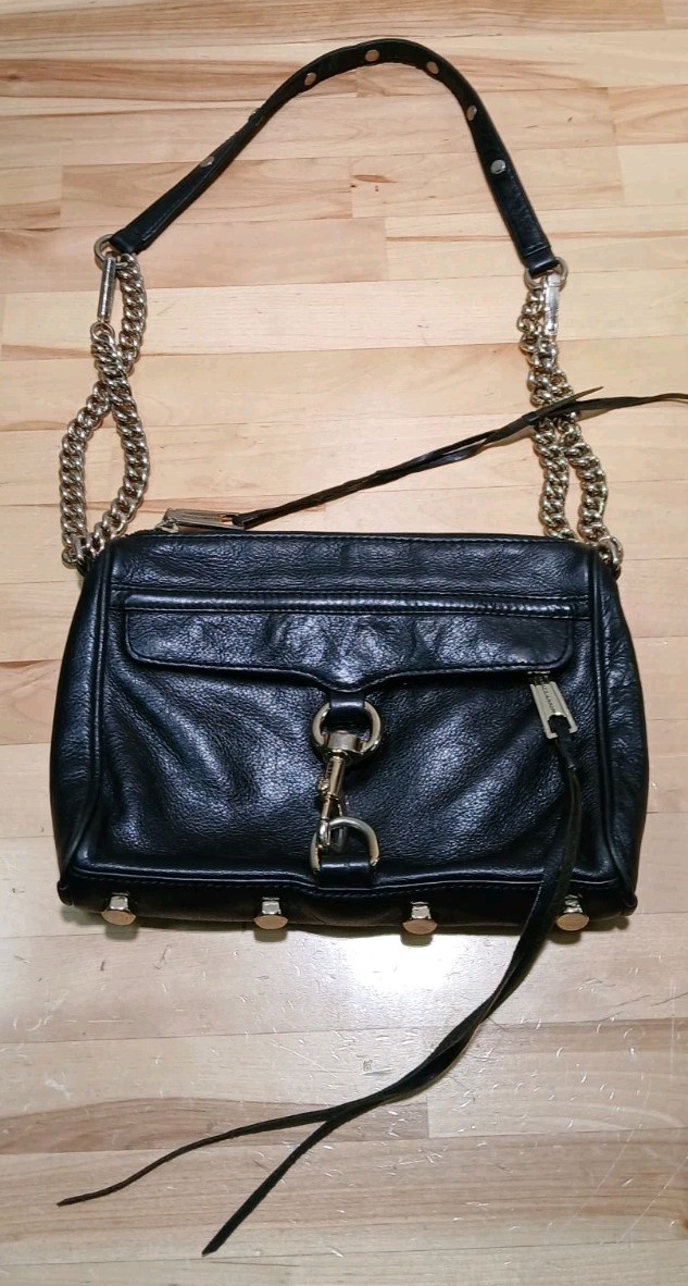 REBECCA MINKOFF MINI MAC BLACK LEATHER CROSSBODY/SHOULDER BAG GOLD CHAIN 9x6x2