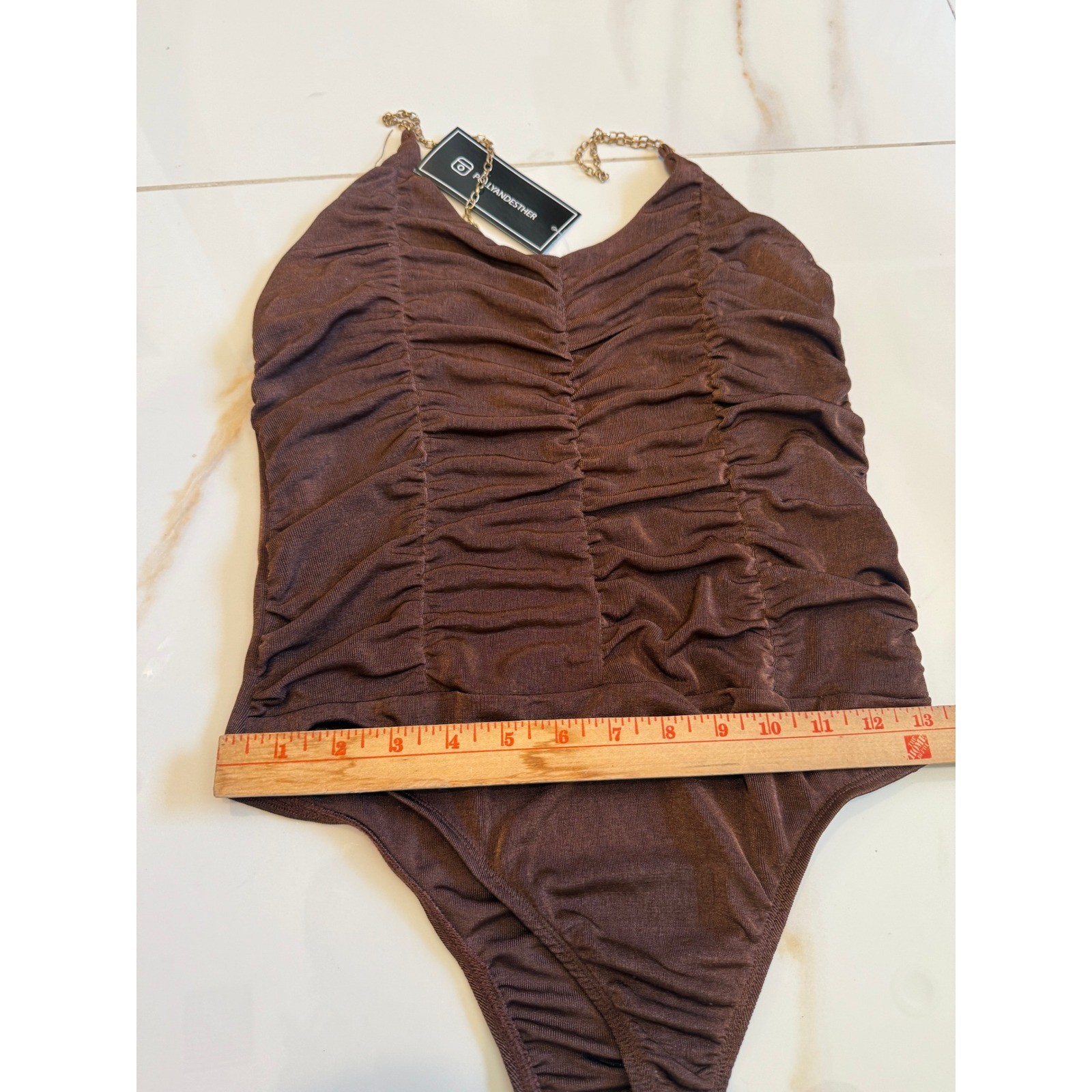 Just Polly New York Brown Ruched Bodysuit Gold Chain Straps Size L