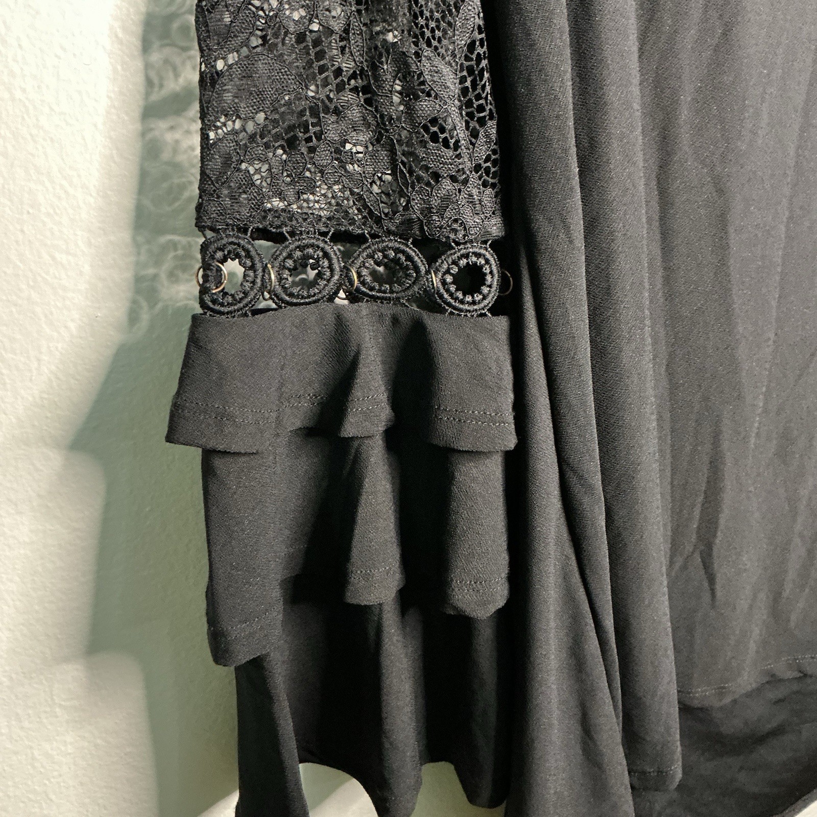 NWT Bellini Women’s M Black Solid Scoop Neck Lace Yoke Ruffle Bell Sleeve Blouse