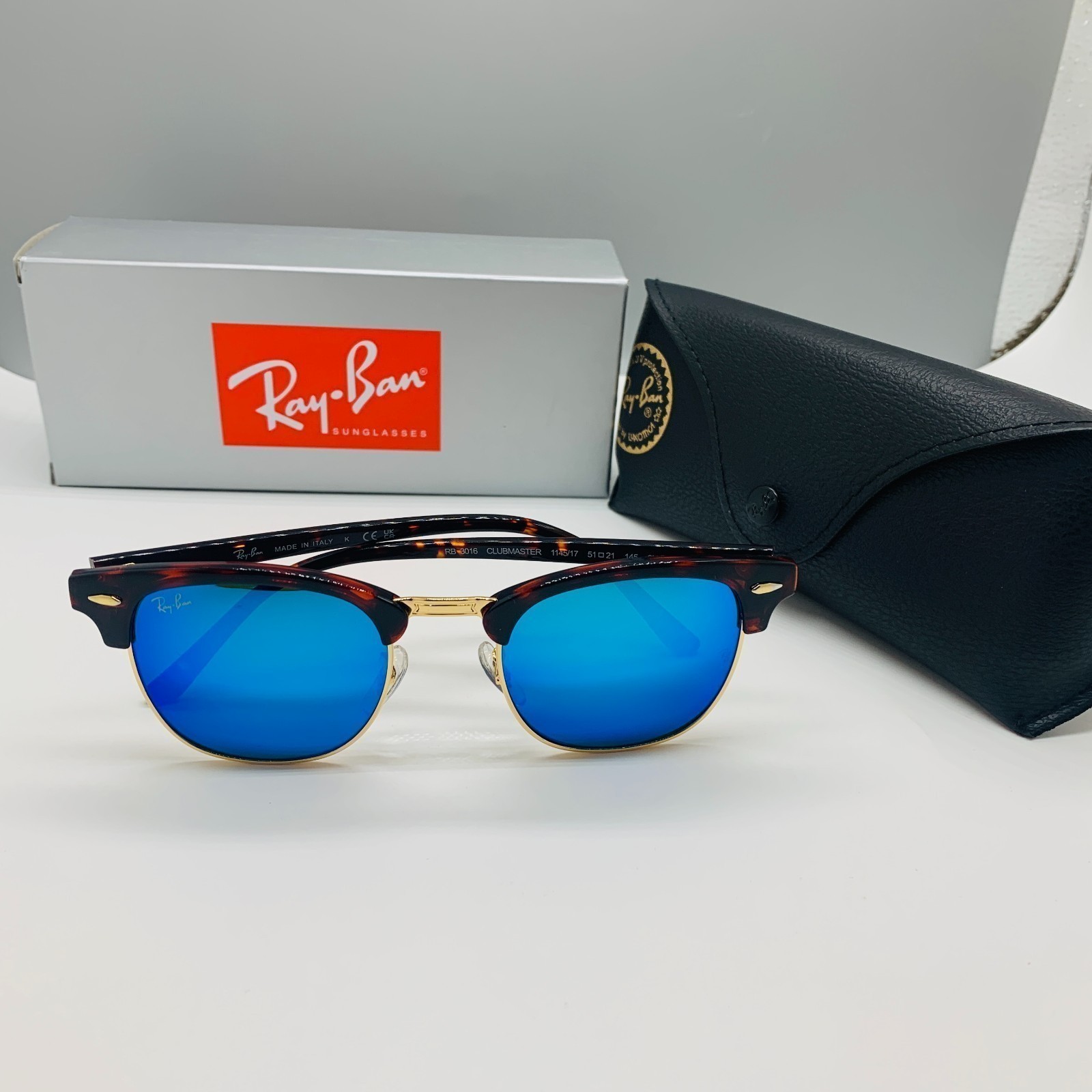 New! Ray-Ban RB3016 Sunglasses Dark Blue Lens, Tortoise Frame Clubmasters