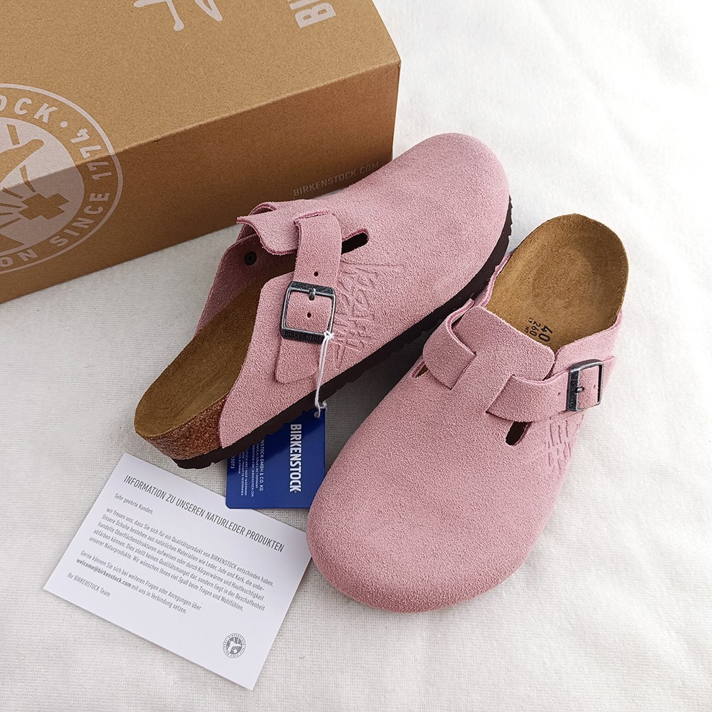 Women’s Birkenstock × Stussy Boston Clog Dusty Pink Suede Leather Wide Shoes