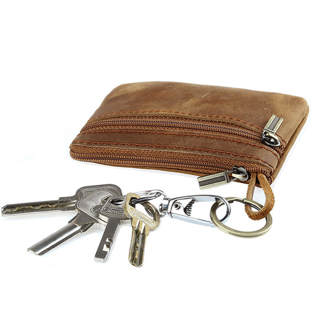 Brown Genuine Leather Small Coin Holder Change Purse Zipper Key card Wallet USA