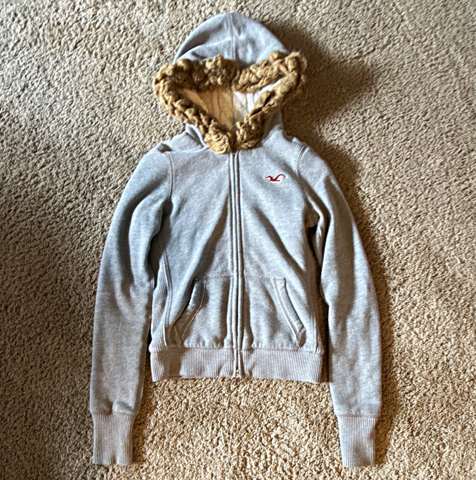 Hollister Women’s XS Gray Full-Zip Hoodie Faux Fur Trim Fleece Lined Pockets
