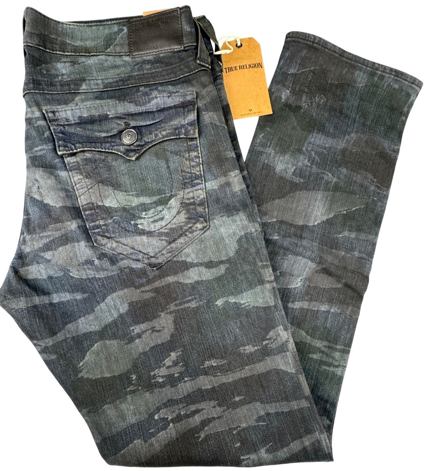 Vtg True Religion Mens Ricky Flap Straight Tiger Camo Jeans 26 USA Grunge *Read