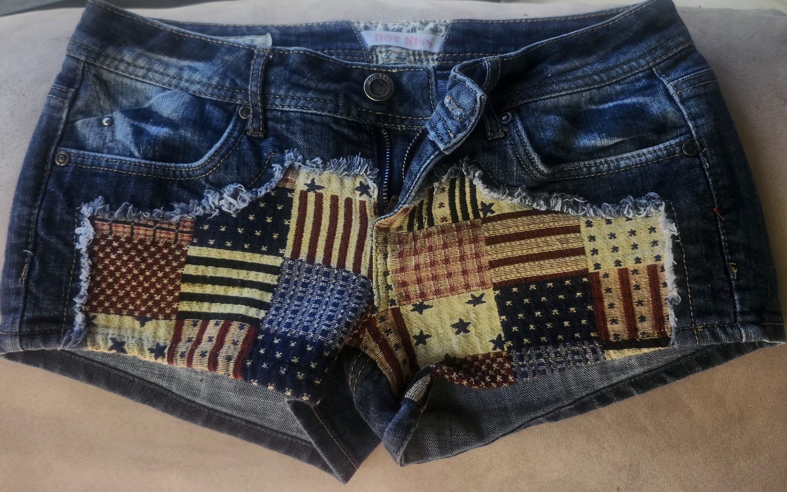 Hot Kiss Cici Mini Shorts Dark Wash Low Rise Red White & Blue Patriotic Womens 7