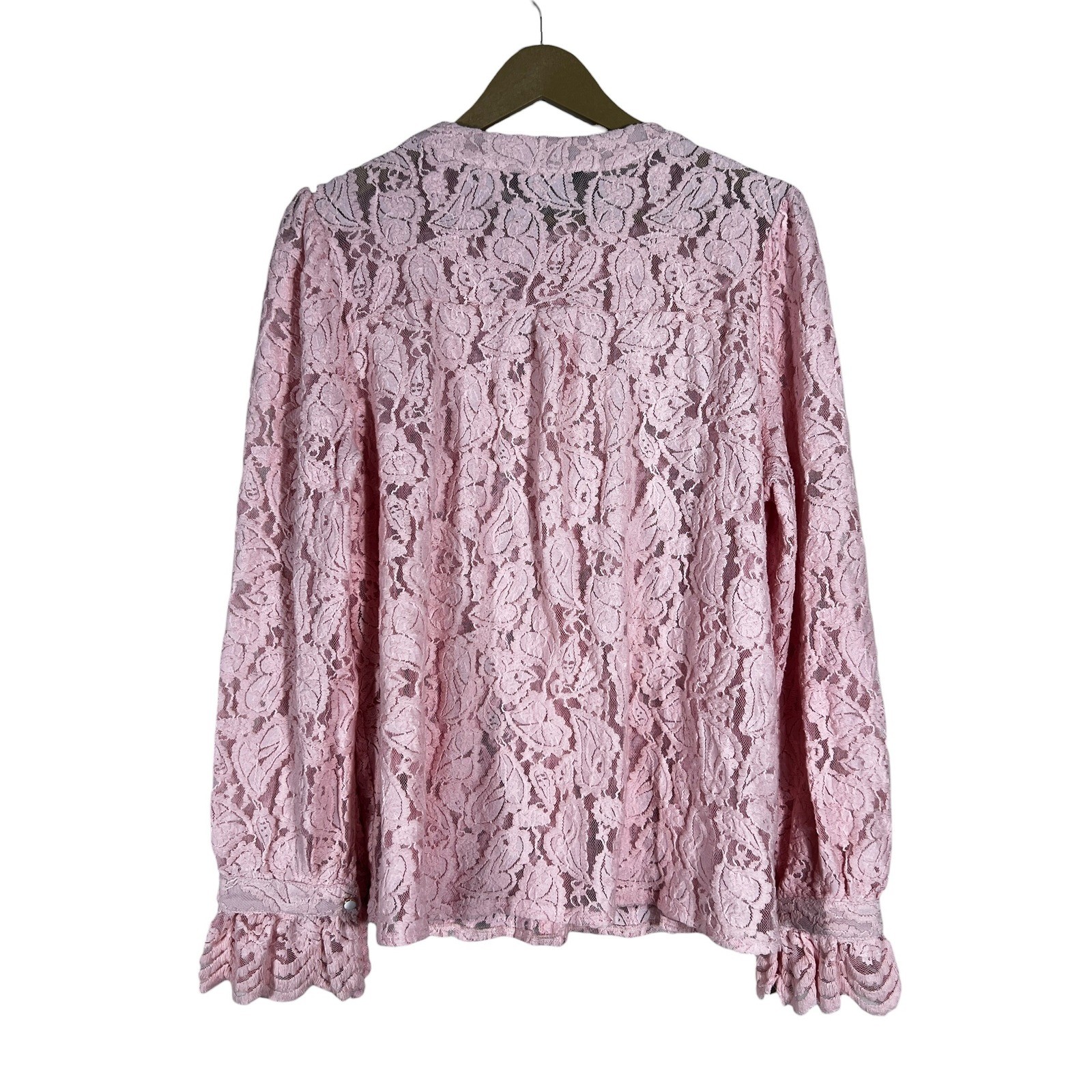 NWT PrettyGarden Floral Lace Button Front Blouse Pink Romantic Ruffle Size L