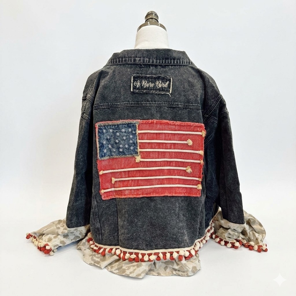 A Rare Bird American Bell Jacket Black Denim Boho Cowgirl Flag Womens NWT