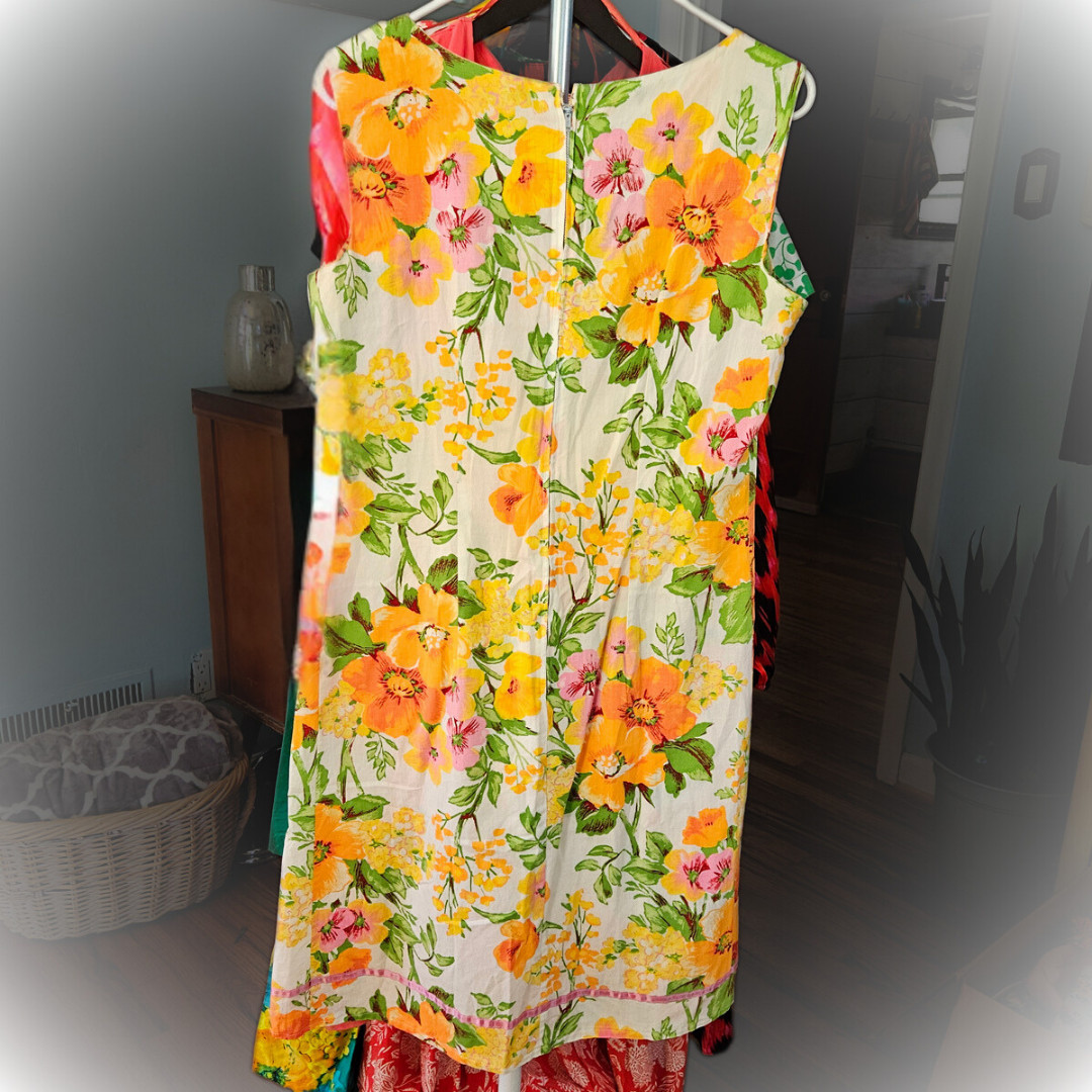 Vintage Shaker Squar Bill Sims Yellow Pink Green Floral Dress Women 14